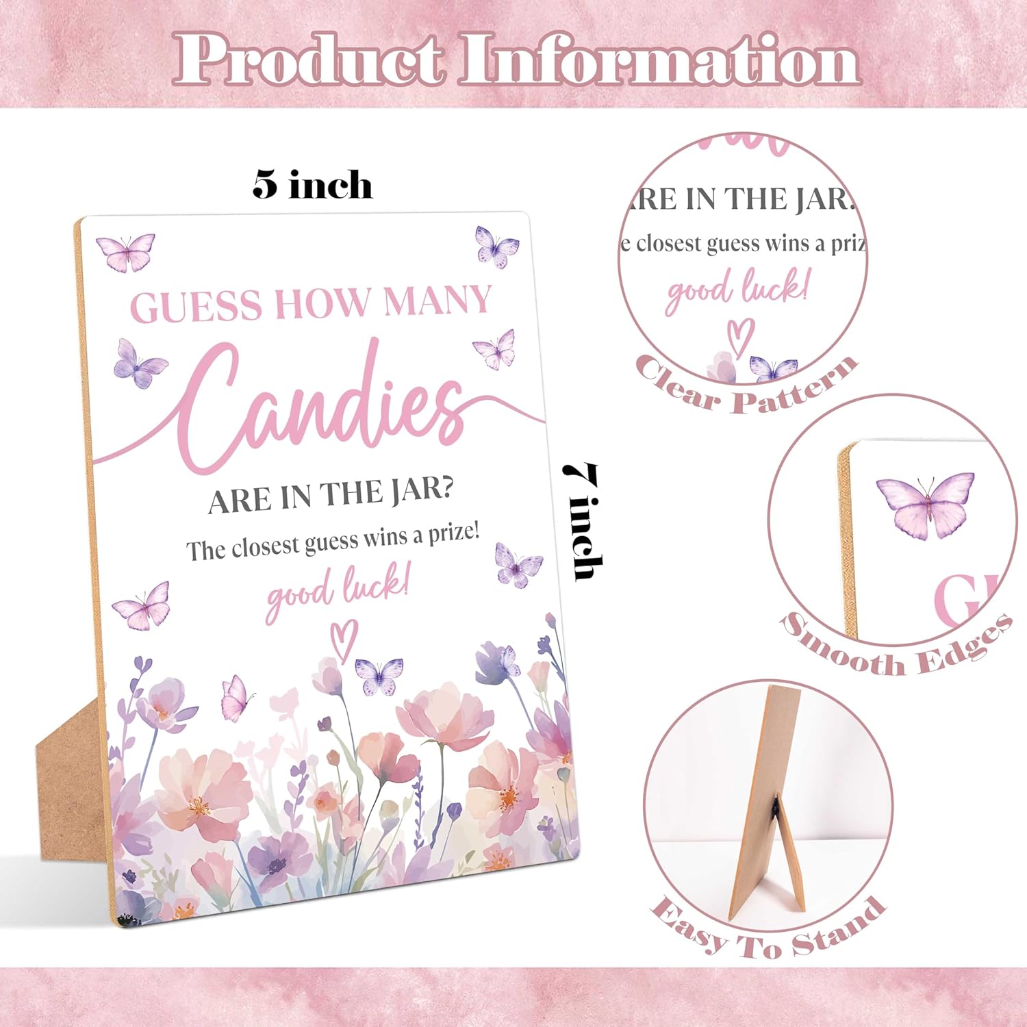 Butterfly Guess How Many Candies Are In The Jar Game, Pack Of 1 Wooden Tabletop Sign With Stand And 50 Guessing Cards, Purple Butterfly Baby Shower Game, Gender Reveal Party Decorations - Wv12