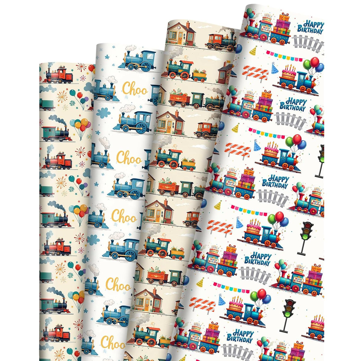 Train Wrapping Paper - 12 Sheets Cartoon Birthday Wrapping Paper Gift Wrap - Blue & Red Trains With Balloons Cake Gifts Train Tracks For Kids Boys Baby Shower Party Supplies - 20X28 Inch