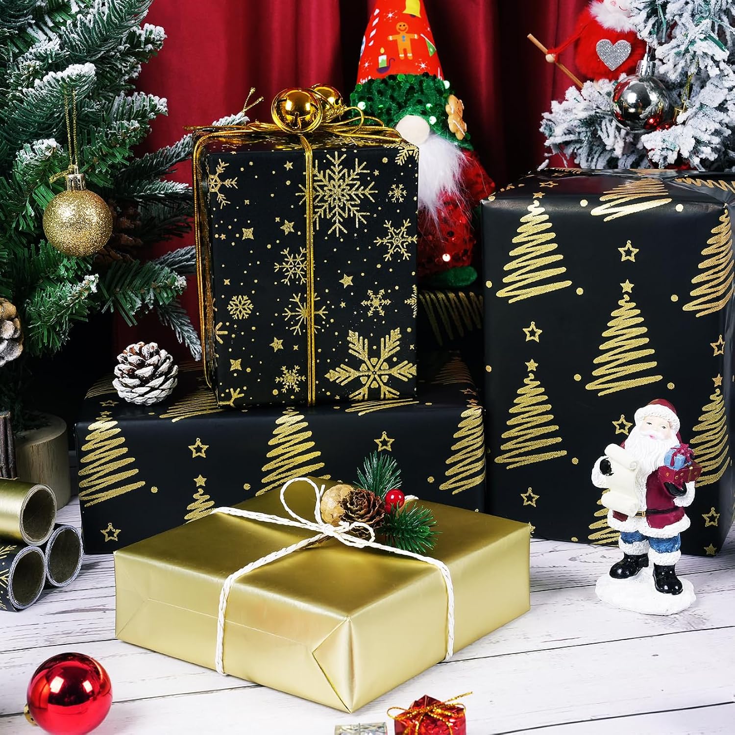 Christmas Wrapping Paper Rolls, Mini Roll - 3 Rolls Black And Gold Xmas Wrapping Paper, Gold Foil Christmas Trees And Snowflake Wrapping Paper For Xmas, New Year, Winter Holiday, Party, 17 X 120 Inch Each Roll