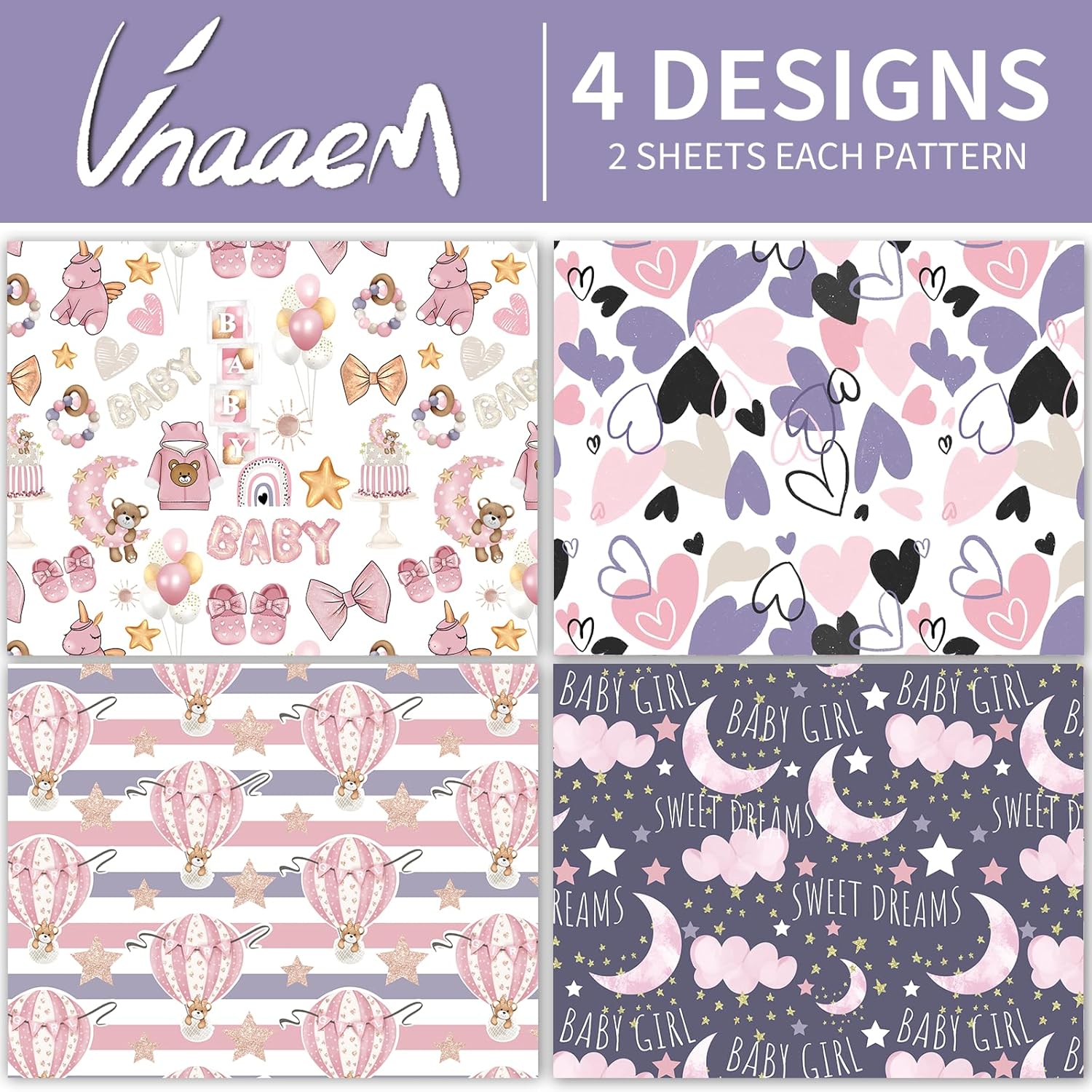 Baby Girl Wrapping Paper 8 Pc Pink Baby Moon Star Pattern For Kids Girls Baby Shower Birthday Holiday 19.6 X27.8Inch