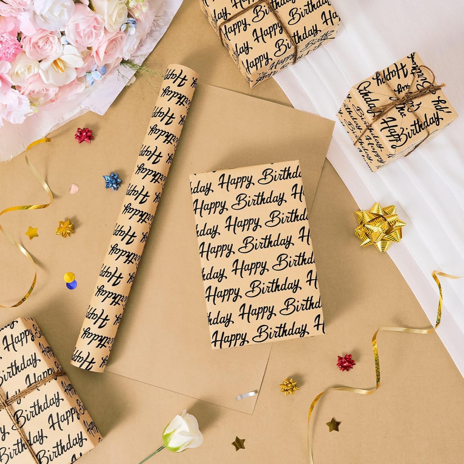 Happy Birthday Wrapping Paper - 1 Roll 17” X 33 Ft Brown Kraft Gift Wrapping Paper For Kids Adults Birthday Party Decoration Present Packing Supply