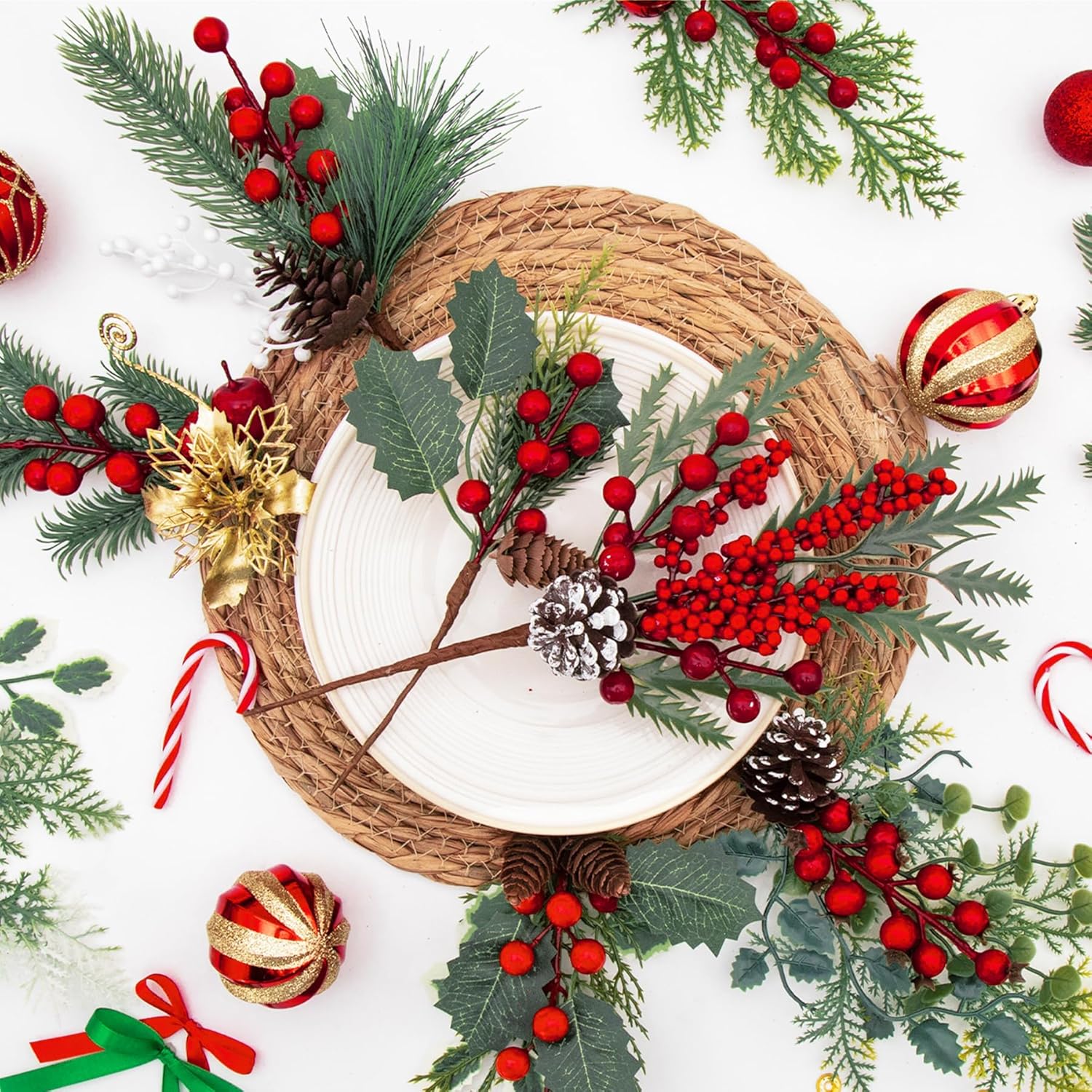 12 Pack Artificial Christmas Floral Picks, Assorted Red Berry Stems Sprays Pine Cones Faux Branches Sprigs Holly Leaves For Xmas Winter Arrangement Wreath Crafts Tree Decor