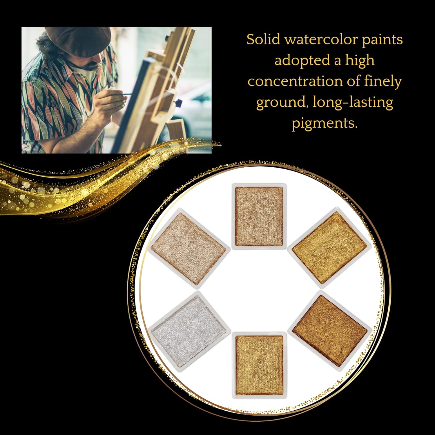 Golden Artistry: 6 Metallic Watercolor Paints Including Lustrous Gold For Professional Artwork