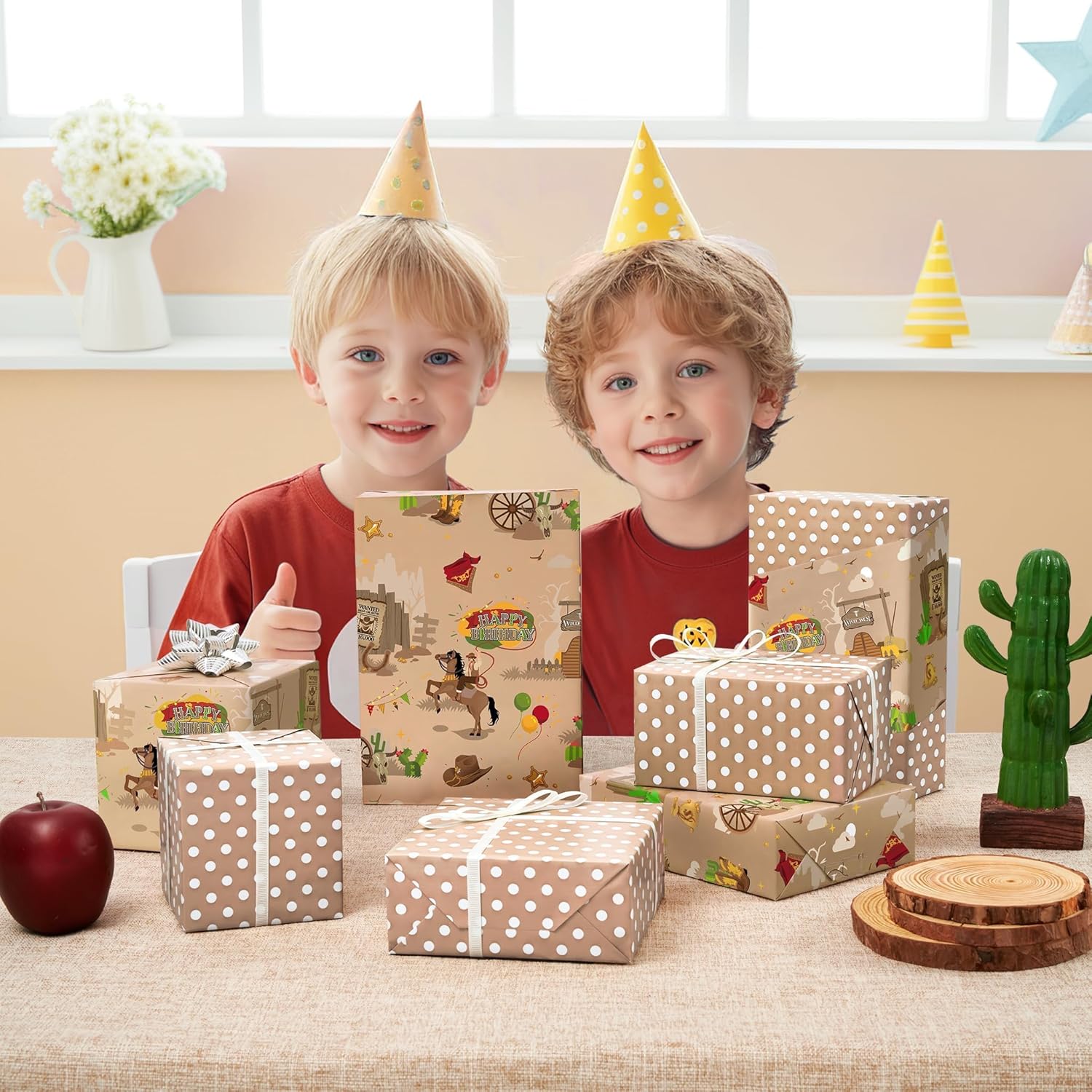 Cowboy Wrapping Paper - 1 Roll 17” X 16.4Ft Western Birthday Gift Wrap Men Boys Birthday Wrapping Paper Brown Cowboy Gift Packing Decoration Reversible Polka Dot Design