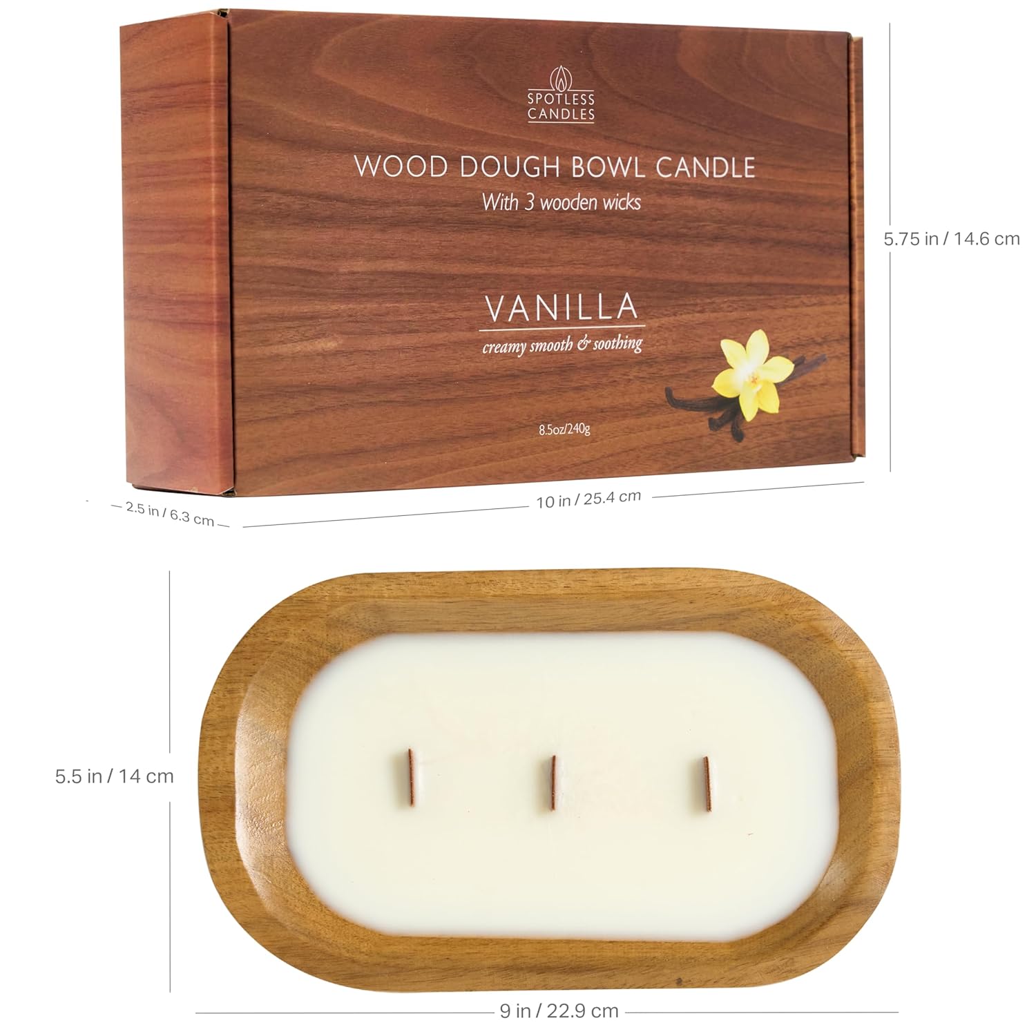 Pure Vanilla Bowl Candle - Wooden Dough Bowl Candle With Three Wooden Wicks - 620G (1.36 Lbs) - Relaxing Cozy Vanilla Scent