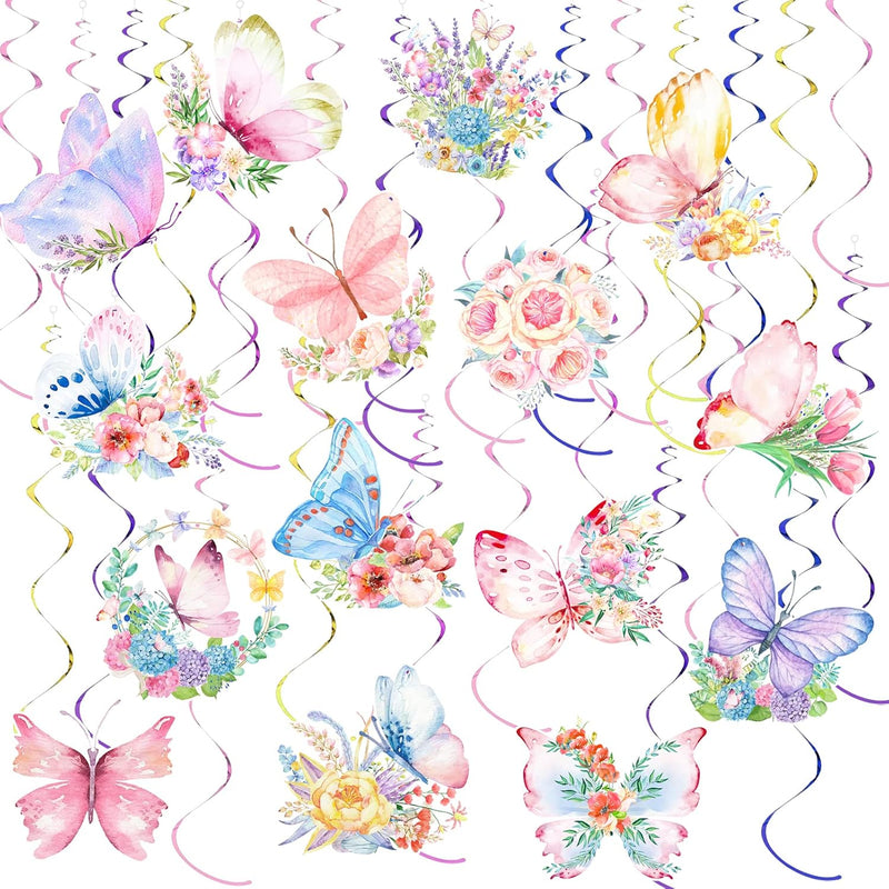 35 Pcs Butterfly Hanging Swirl Decor,15 Set Watercolor Purple Pink But