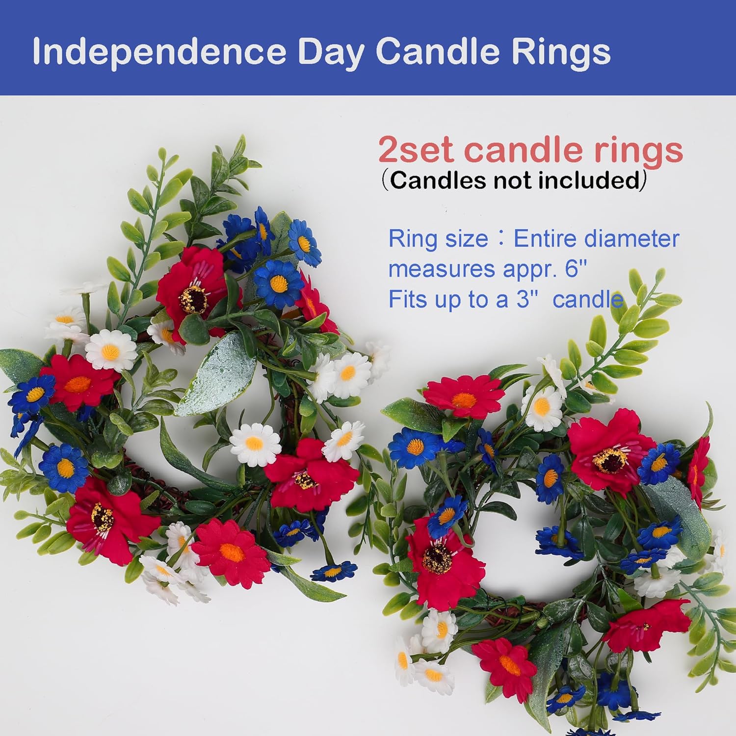 Independence Day Candle Ring 2 Pcs 3'' (Inner) 6'' (Outer) Diameter Floral Candle Rings Artificial Flowers Red-White-Blue Mini Wreaths Ideal Independence Centerpiece For Patroic Decor