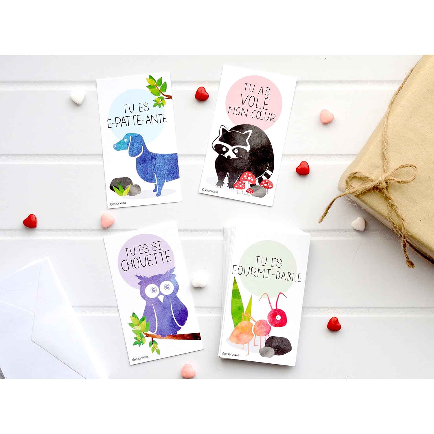 Mini French Owl Raccoon Dog Ant Valentines (Wallet-Sized Cards With Tiny Envelopes) French Language Cards For Valentine'S Day (Set Of 24)