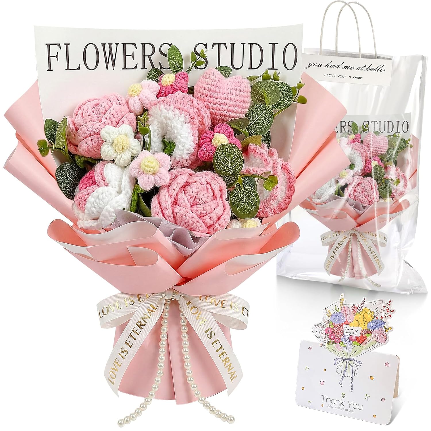 Valentine Crochet Flower Bouquet Set, Handmade Knitted Bouquet Artificial Flower Of Rose Romantic Gift For Her Girlfriend Mom Mother'S Day Valentine Wedding Birthday Appreciation Gift(Pink)