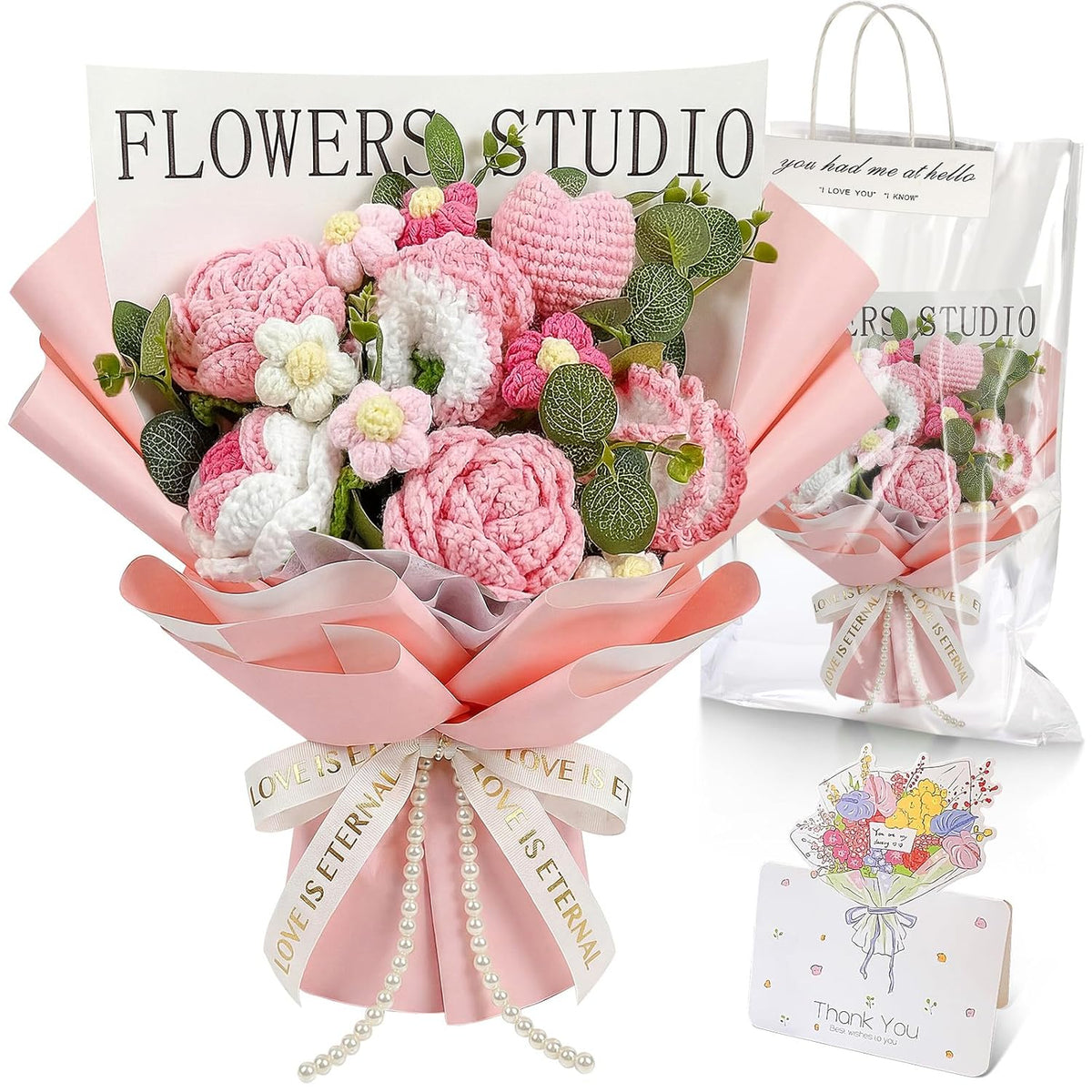 Valentine Crochet Flower Bouquet Set, Handmade Knitted Bouquet Artificial Flower Of Rose Romantic Gift For Her Girlfriend Mom Mother'S Day Valentine Wedding Birthday Appreciation Gift(Pink)