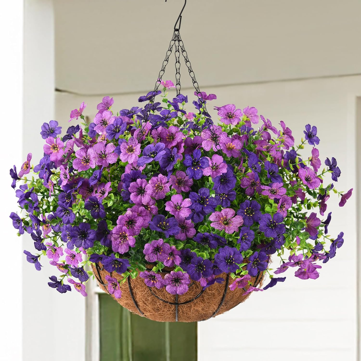 Artificial Faux Hanging Baskets Flowers Plants For Outdoor Spring Decoration, Fake Silk Daisy Outside Indoor Uv Resistant Look Real Yard Patio Front Porch Garden Balcony Home Decor(Double Purple)
