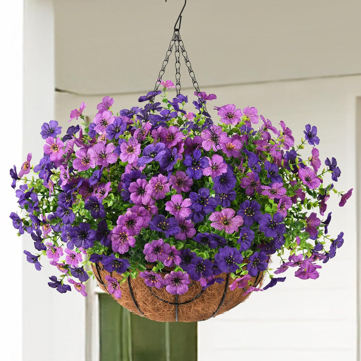 Artificial Faux Hanging Baskets Flowers Plants For Outdoor Spring Decoration, Fake Silk Daisy Outside Indoor Uv Resistant Look Real Yard Patio Front Porch Garden Balcony Home Decor(Double Purple)