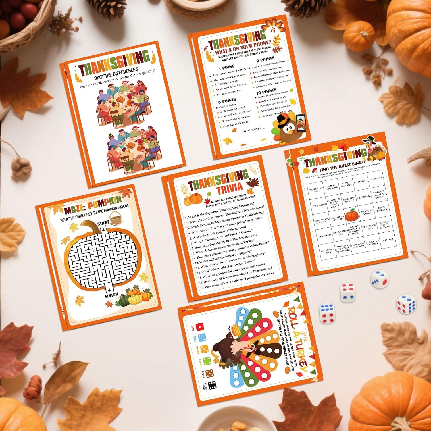 52Pcs Thanksgiving Games For Family Party Adults Groups Activities, Thanksgiving Friendsgiving Games Trivia Word Search Turkey Dice Game Card Set Fall Harvest Party Supplies