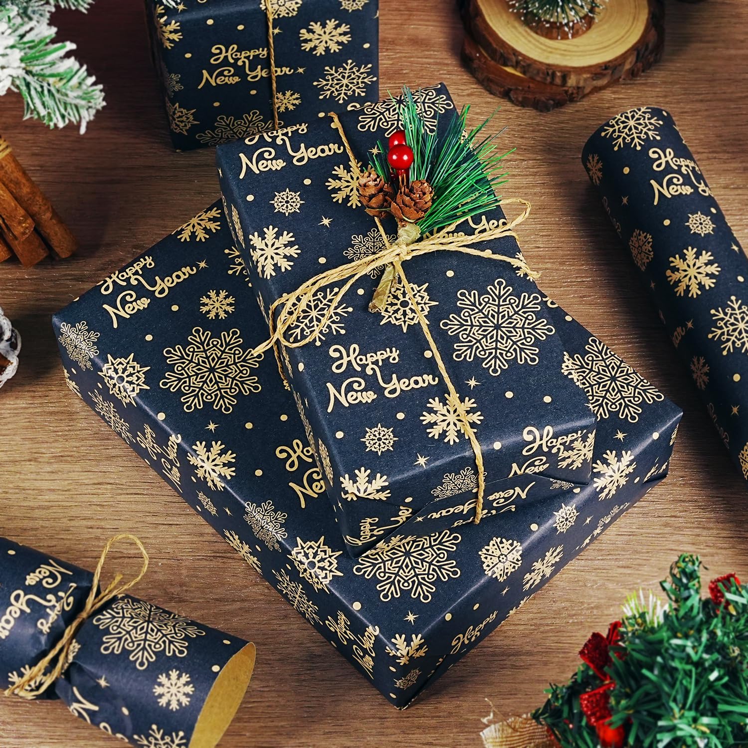 Christmas Wrapping Paper Roll, Navy Blue Kraft Wrapping Paper With Brown Happy New Year And Snowflake Design, Vintage Gift Wrapping Paper Roll For New Year Xmas Winter Holiday, 17 Inch X 33 Feet