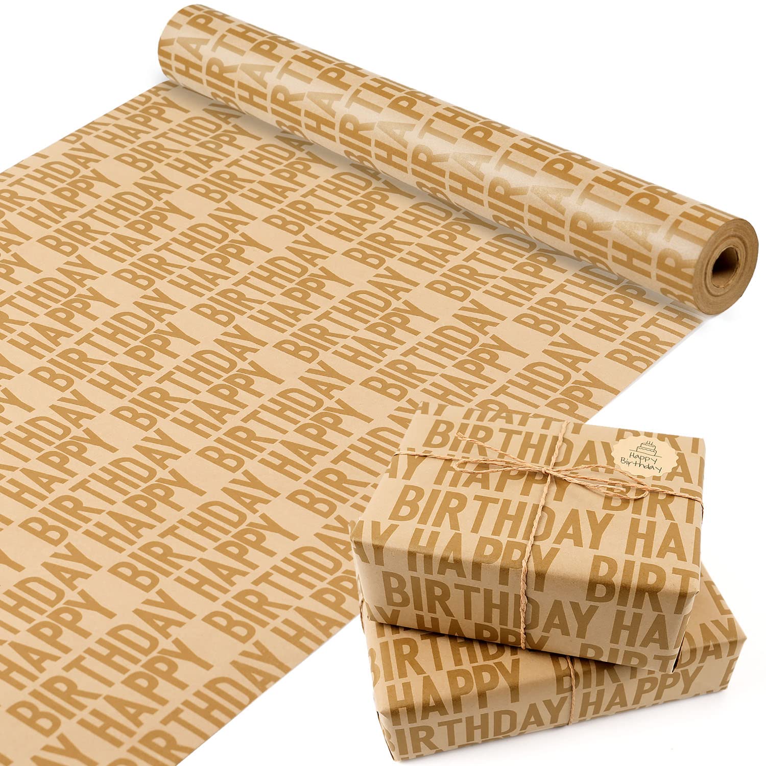 Birthday Wrapping Paper Roll, Brown And Gold Kraft Happy Birthday Wrapping Paper Jumbo Roll, Gift Wrap Paper Set For Men Women Boys Girls, 17Inch × 33Feet
