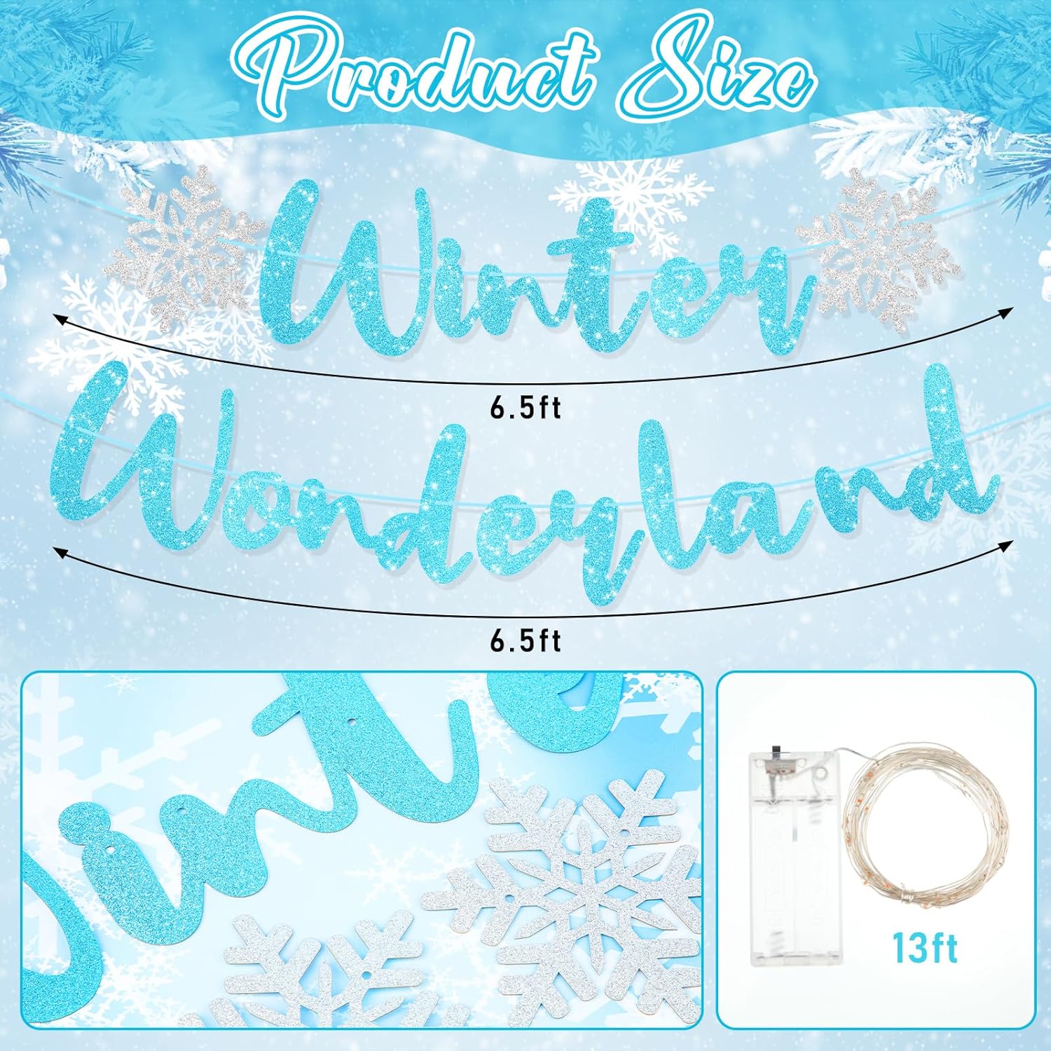 Light Up Winter Wonderland Banners Garland Snowflake Party Decorations For Christmas Glittery Holiday Garland For Winter Birthday Home Office Decor, 6.56 Feet