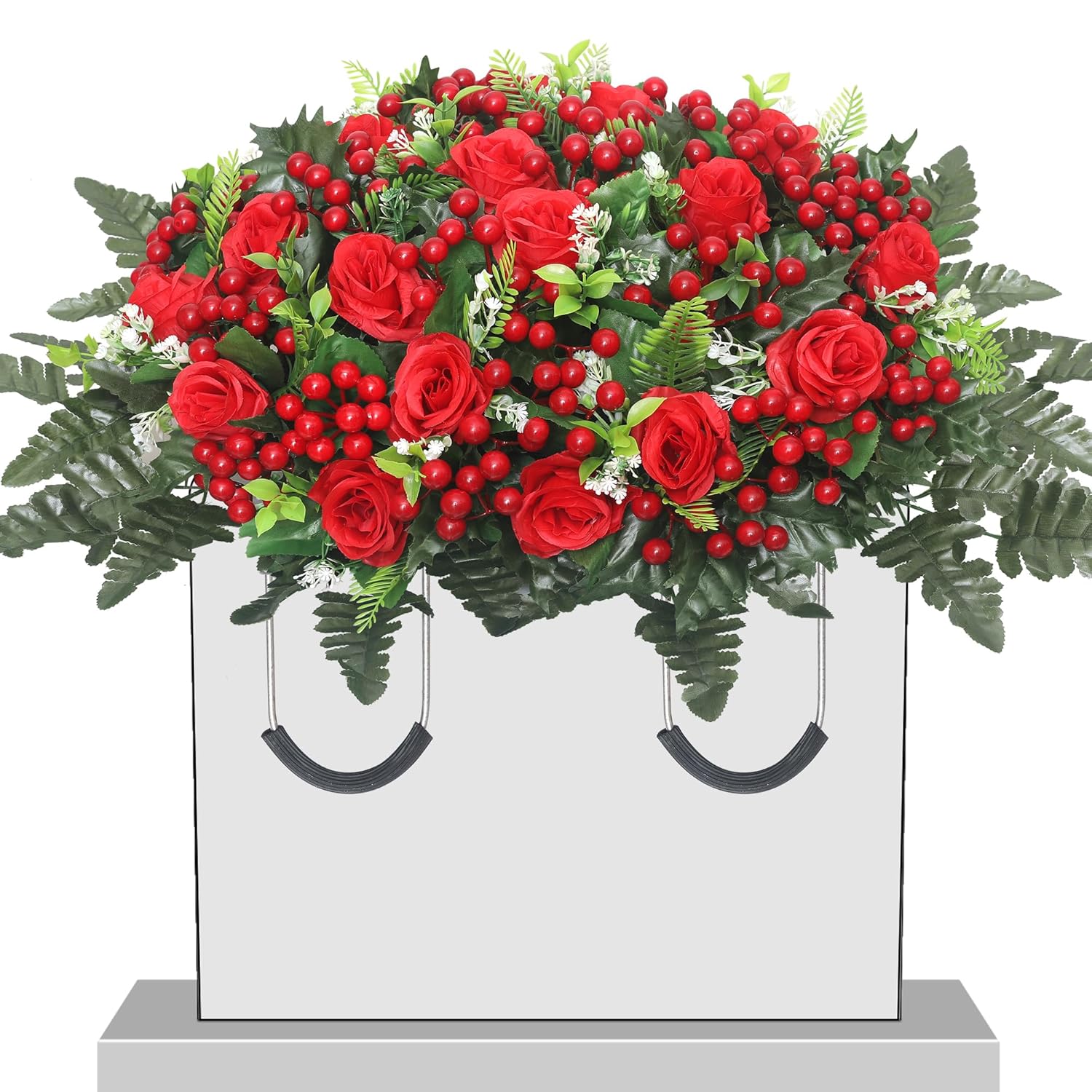 Christmas Artificial Cemetery Flowers,Artificial Cemetery Flowers Saddle For Outdoor Gravesite Tombstone Decorations,Roses And Artificial Red Berries Stems Ornaments