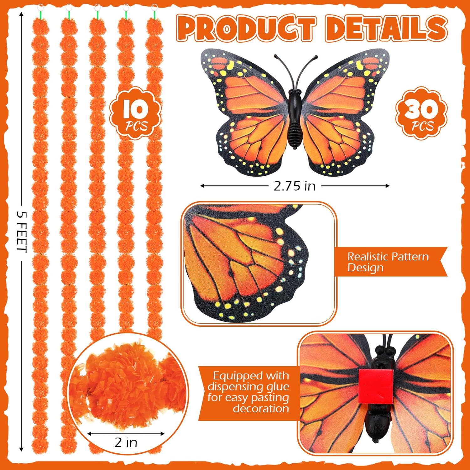 40 Pieces 5 Ft Day Of The Dead Marigold Garland Set Including 10 Pcs Long Orange Artificial Marigold Flowers And 30 Pcs Fake Butterfly Day Of The Dead Decorations For Wedding Party Decor
