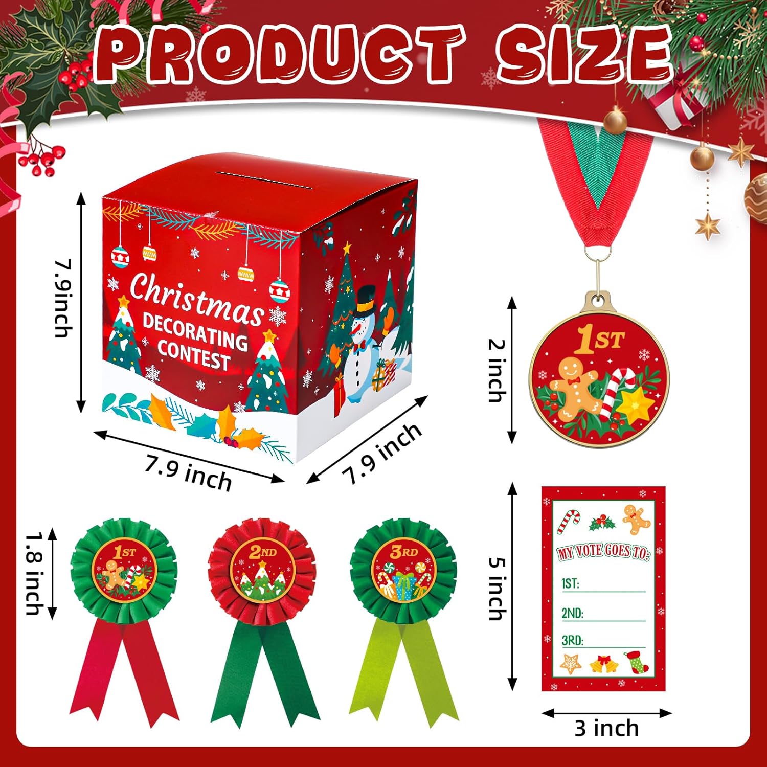 57 Pcs Christmas Decorating Contest Kit Includes 1 Voting Box 50 Ballot Cards 3 Christmas Decorating Ribbons And 3 Award Medals For Xmas Holiday Party Trophy Supplies