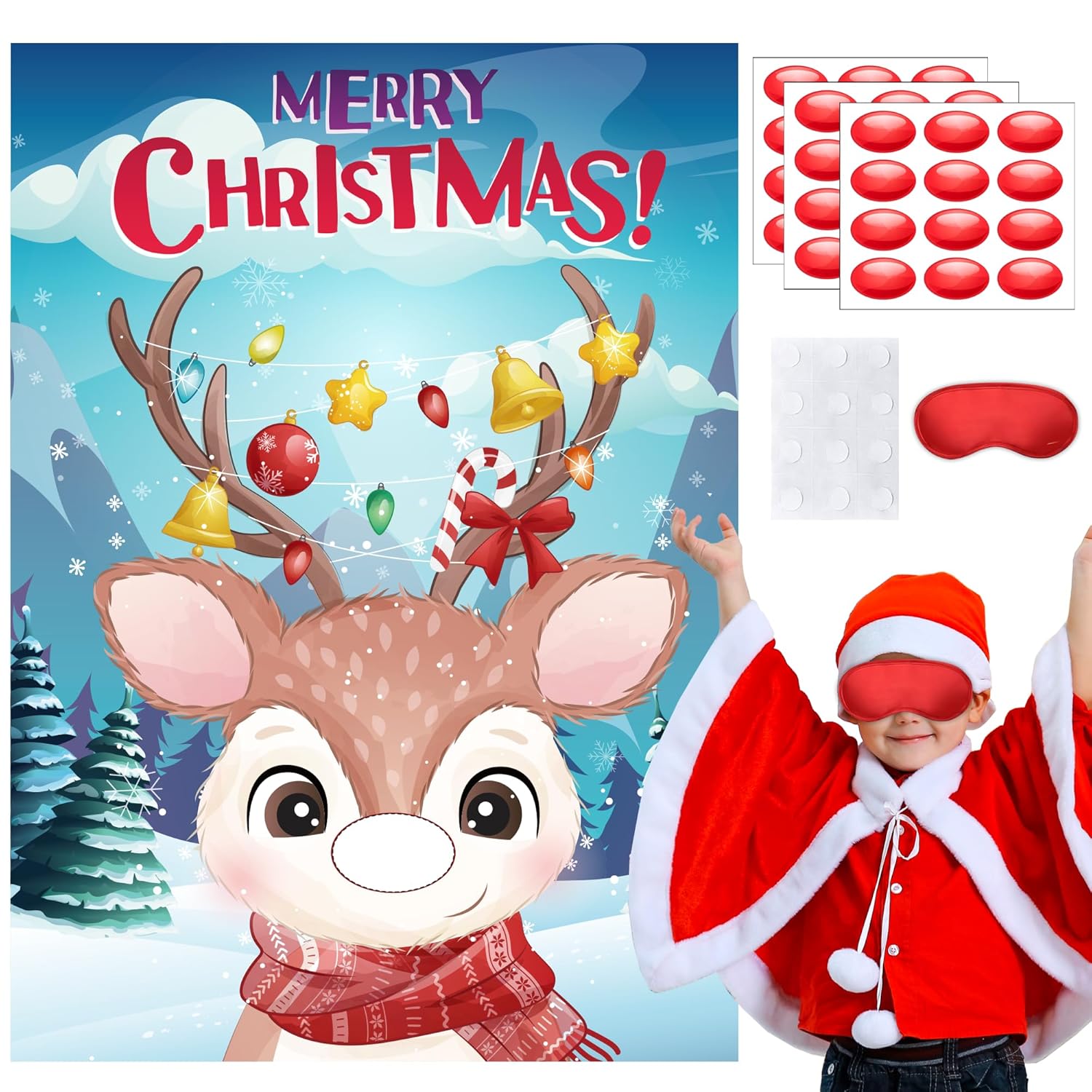 Pin The Nose On The Reindeer Game With 36 Pcs Red Nose And 2 Pcs Blindfold, Reindeer Poster For Family Holiday Christmas Games Party Decorations Favor New Year Activities