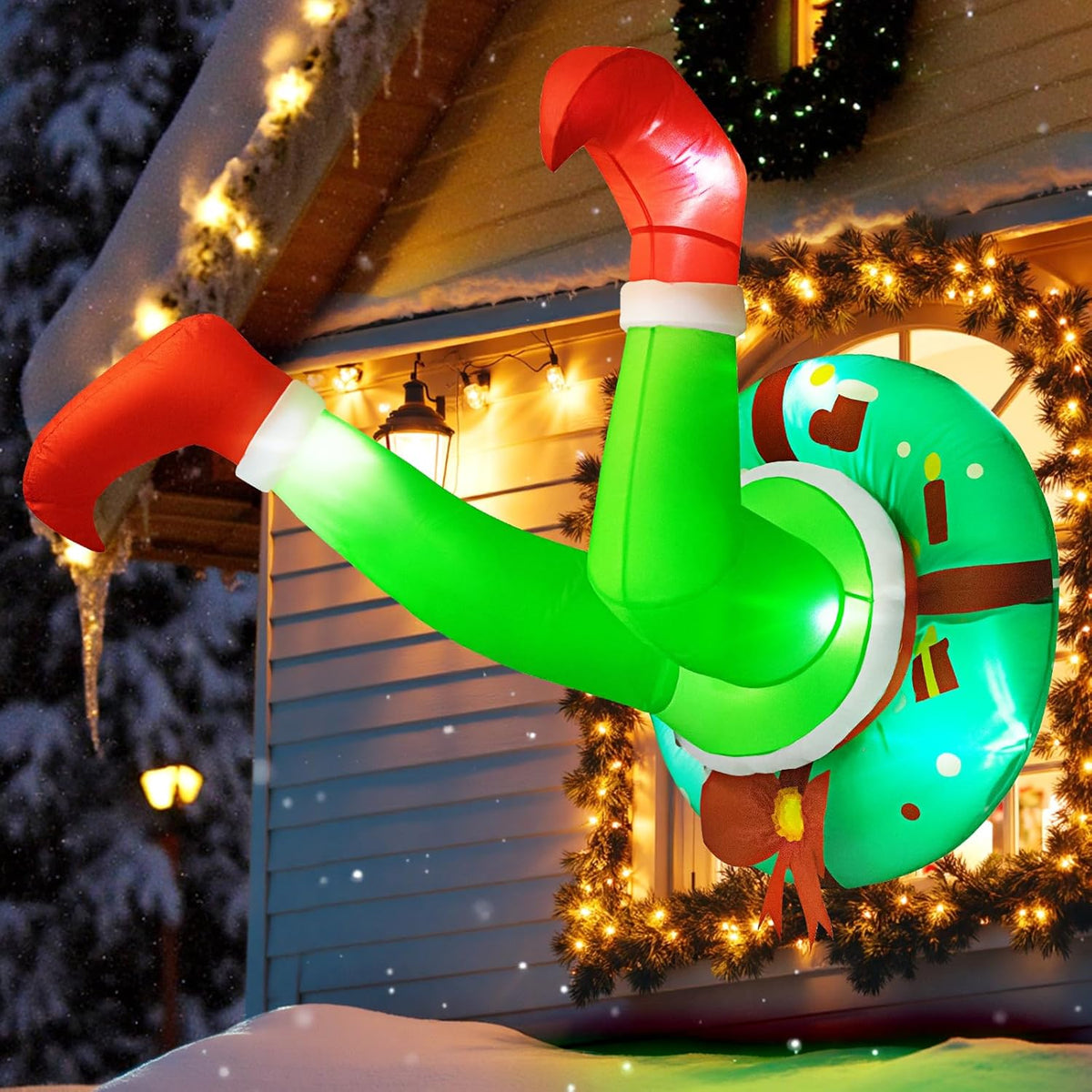 Christmas Inflatable Green Monster Stuck In Window With Led Lights, Funny Green Character Legs Christmas Decoration, Hol