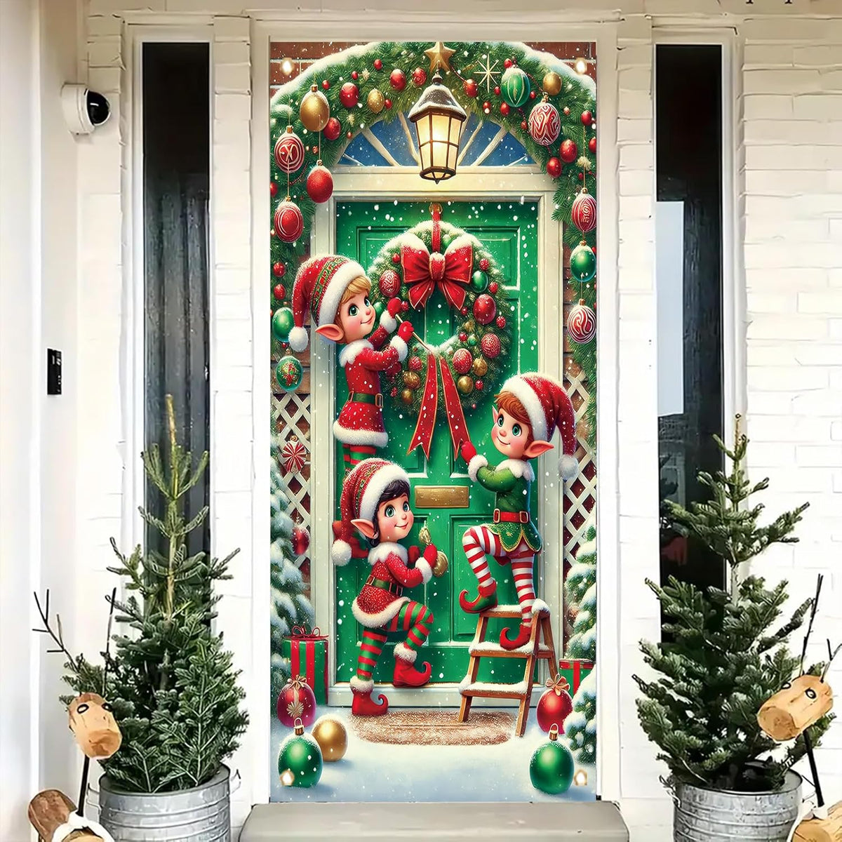 Christmas Door Cover Elf Banner 71 X 35 Inch Holiday Green Door Backdrop With Santa’S Helpers Hanging Wreath Candy Ornaments And Snow For Christmas Party Wall Decor Front Door