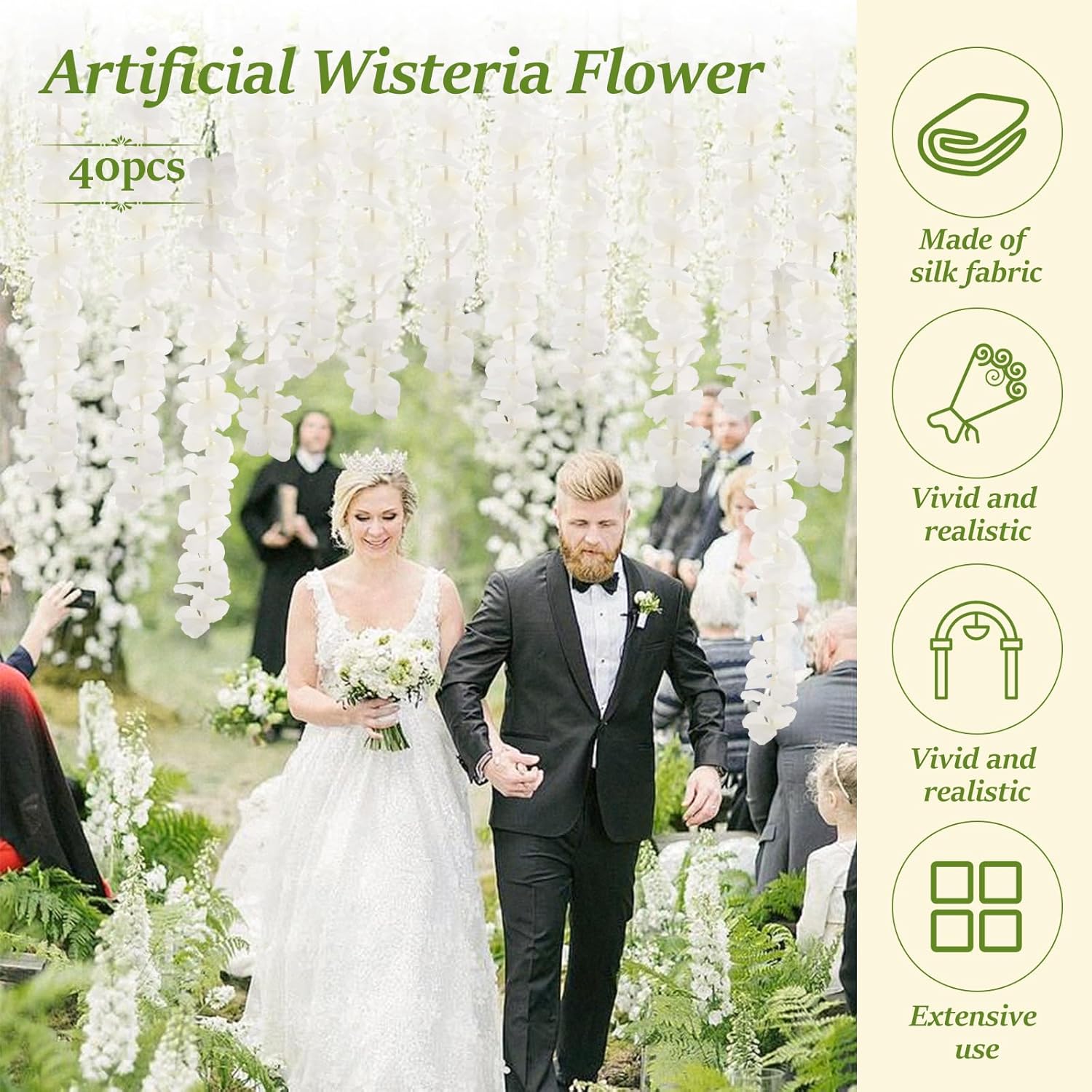 40Pcs Artificial Wisteria Hanging Flowers, 3.3Ft Artificial Wisteria Garland, White Hanging Wisteria Flower Vines Rattan, Reusable Silk Flowers String For Wedding Arch Party Garden Home Decor