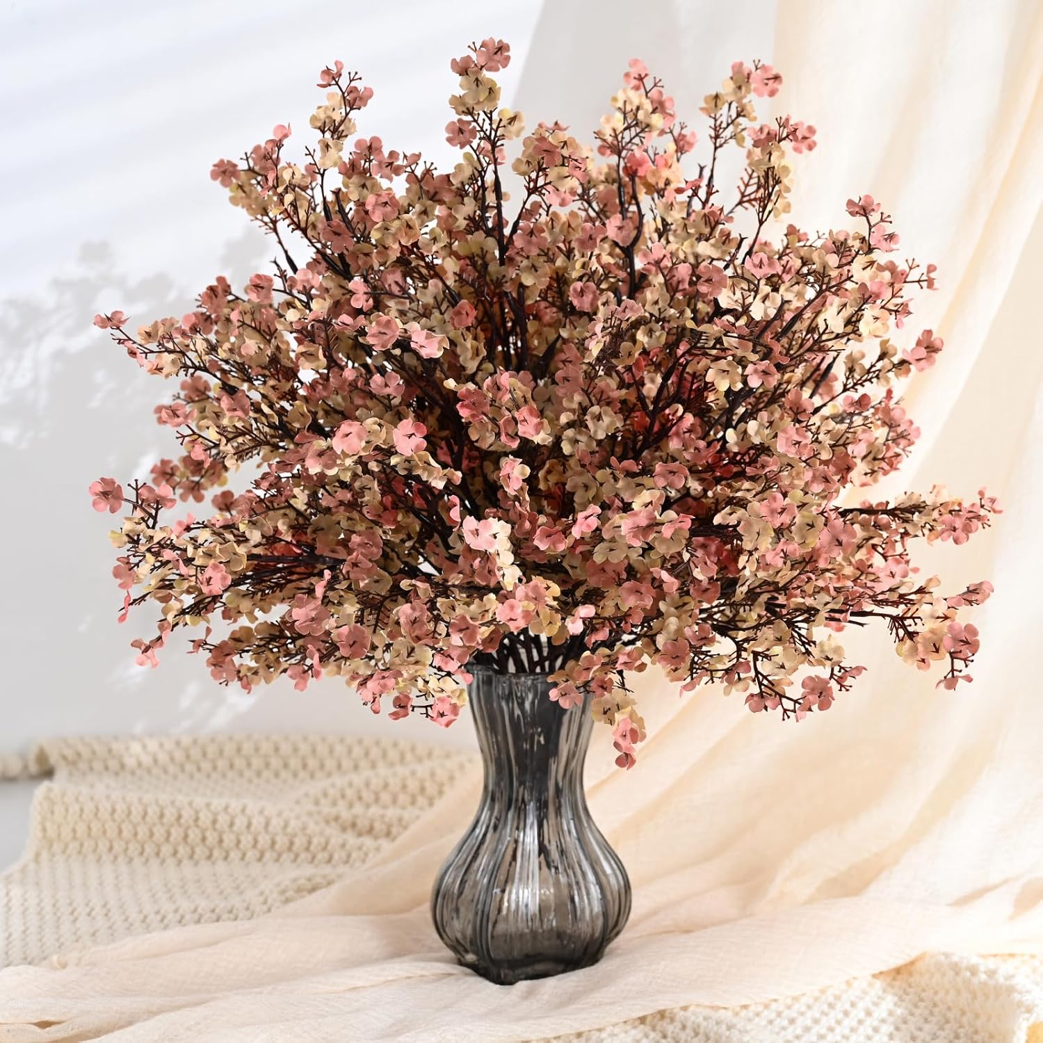 6Pcs Fake Flowers Babys Breath Silk Artificial Flowers Gypsophila Bouquets Bulk Real Touch Fall Stems For Home Boho Living Room Bedroom Decor Diy Floral Arrangement, Beige Brown