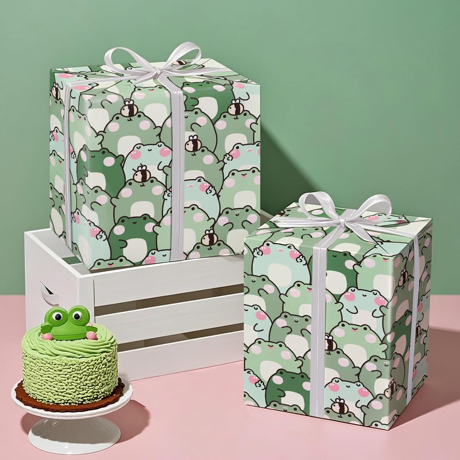 Frog Wrapping Paper Roll - Mini Roll - 17 Inch X 16.5 Feet - Cute Chubby Frog Animal Wrapping Paper Perfect For Kids Boy Girl Birthday, Baby Shower