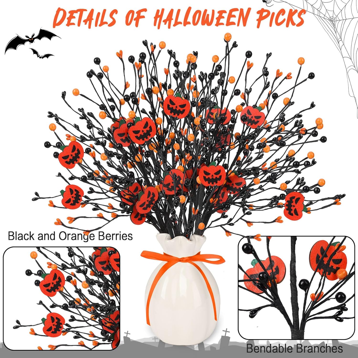 6 Pcs Artificial Pumpkin Stems With Black Branches And 2 Roll Ribbons For Halloween Vase Bouquet Arrangement Wreath Table Centerpiece Home Party Decor