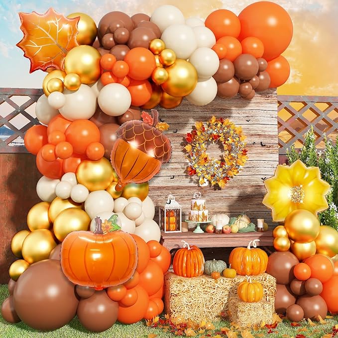 Fall Balloon Arch Kit Orange Burgundy Brown Beige White Maple Leaf Pumpkin Balloons Decor