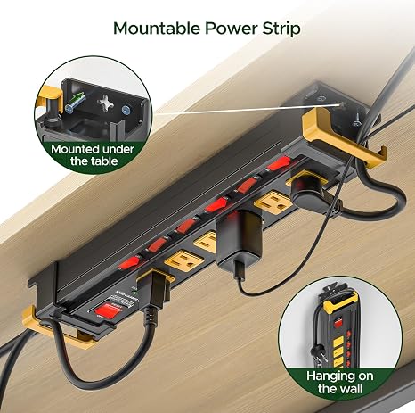 Heavy Duty Surge Protector Power Strip 6 Outlets Individual Switches 3300J 6FT Wall Mount Black