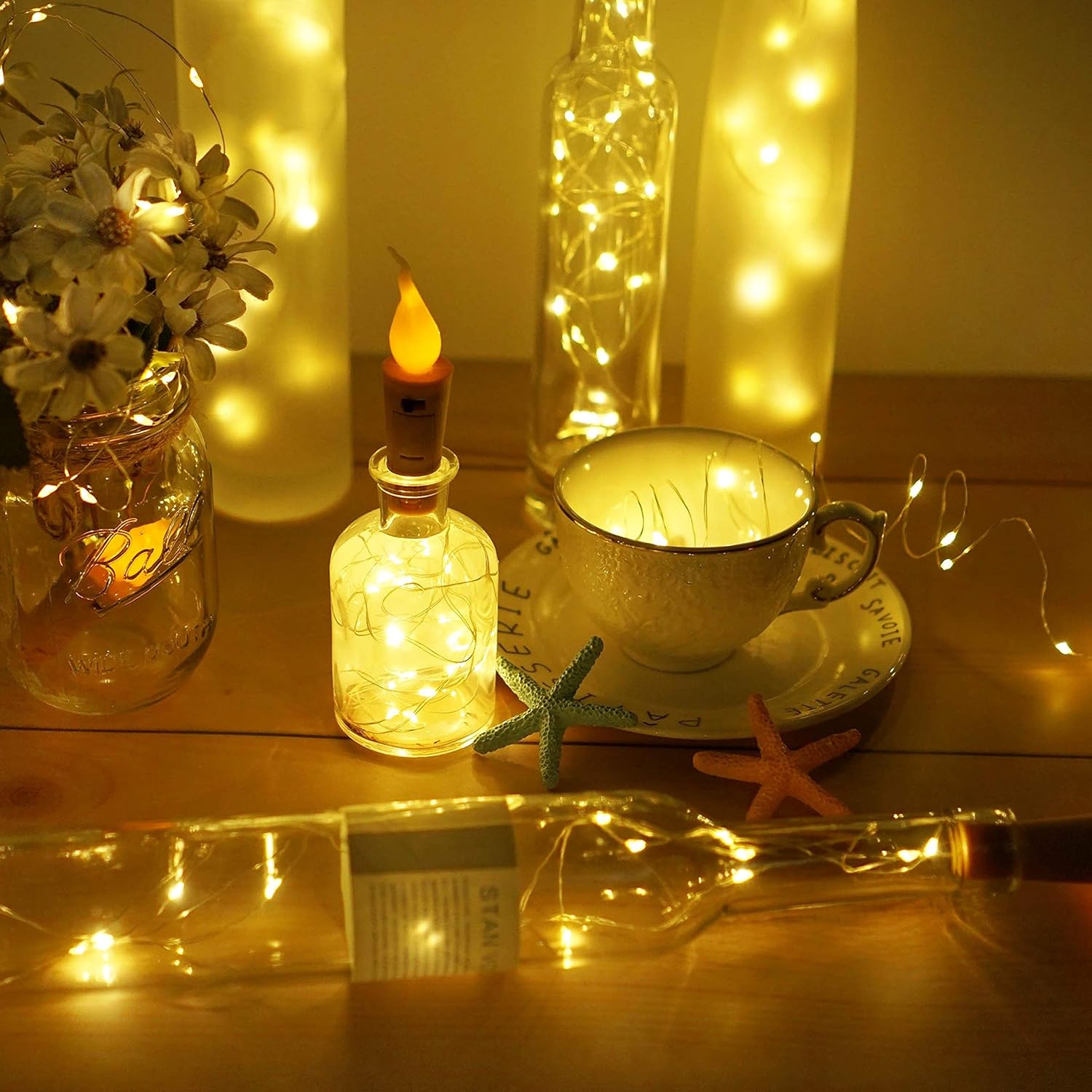 Wine Bottle Lights With Candle Flame, 10 Pack 20 Led Flameless Cork String Light Battery Operated Copper Wire Mini Fairy