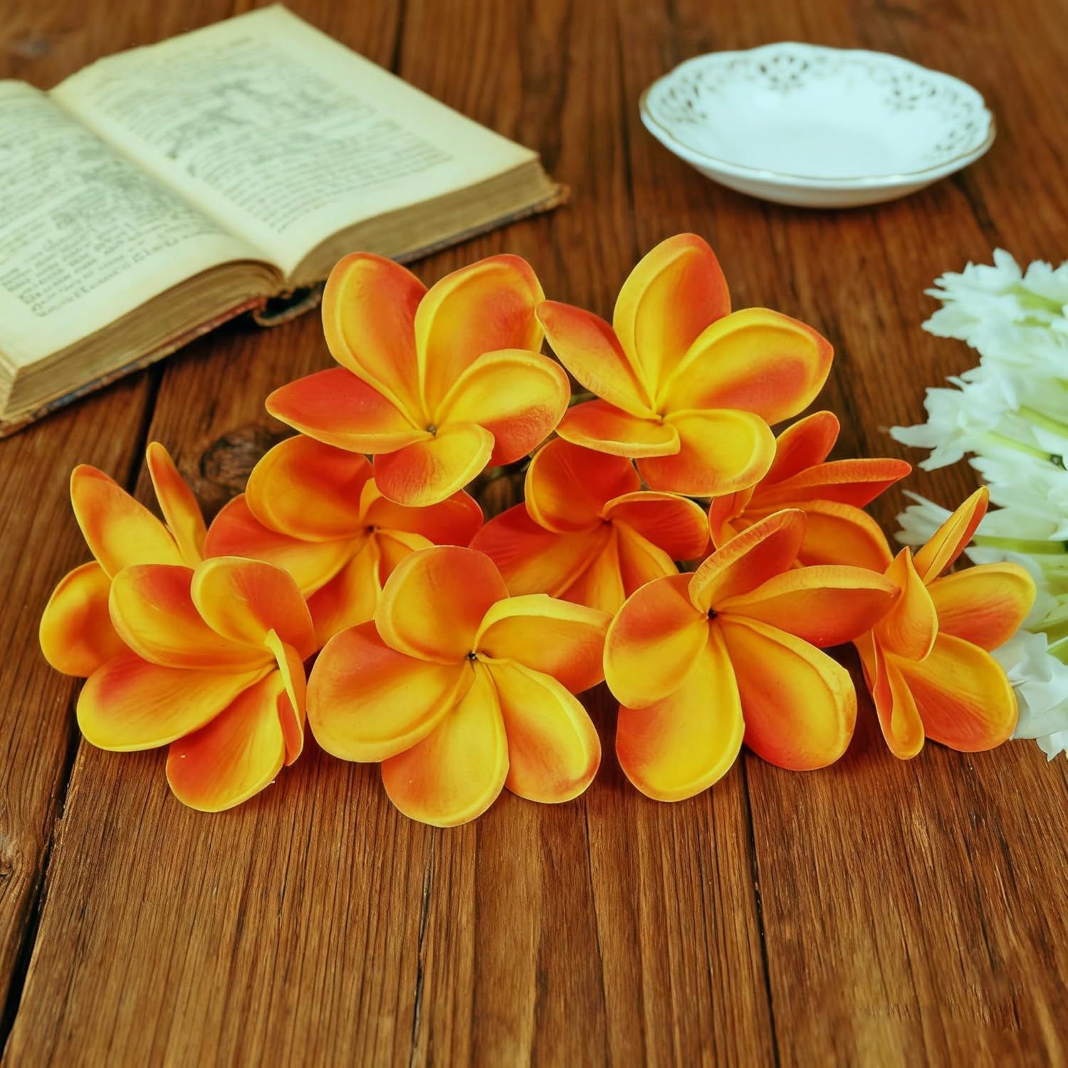 10Pcs Natural Real Touch Artificial Not Silk Plumeria Flowers Head With Stem For Diy Cake Decoration And Wedding Bouquets (Orange)