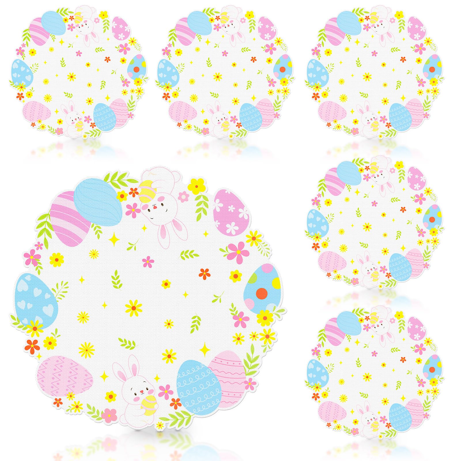 Round Easter Placemats Set of 6, 13.5" x 13.5" Easter Egg Bunny Rabbit Place Mats Flower Floral Doily Linen Seasonal Spring Table Decor for Home Party Kitchen Dining Tableware Decorations