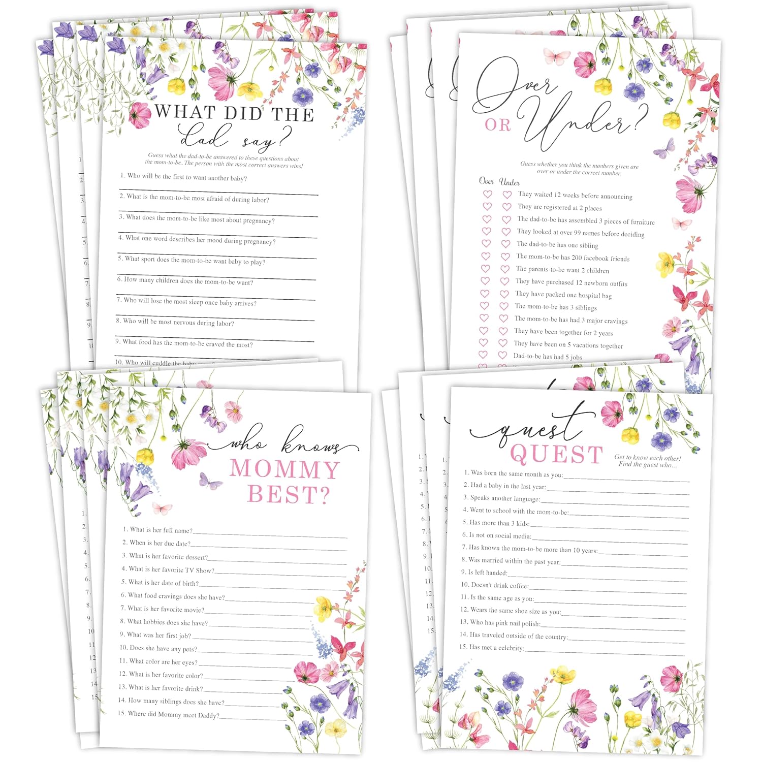Wildflower Baby Shower Games, Floral Garden Boho Baby Shower Party Activities For 25 Guests, Guest Quest, Who Knows Mommy Best, What Did Dad Say & Over Or Under
