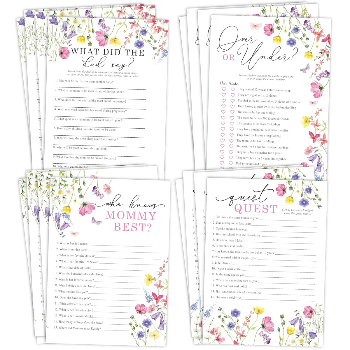 Wildflower Baby Shower Games, Floral Garden Boho Baby Shower Party Activities For 25 Guests, Guest Quest, Who Knows Mommy Best, What Did Dad Say & Over Or Under