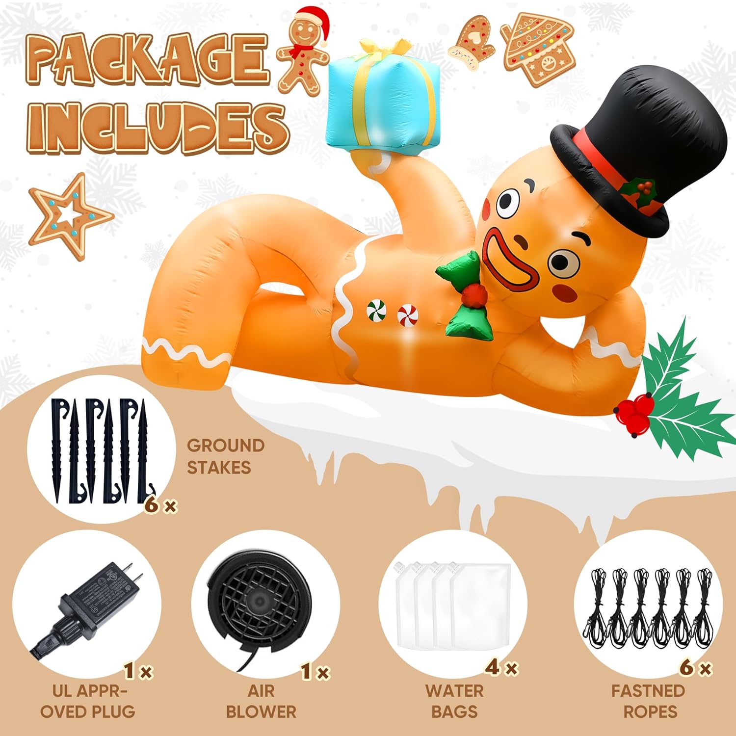 10Ft Christmas Inflatable Outdoor Decoration, Lying Gingerbread Inflatable Blow Up Yard Decorations With Leds, Giant Gin