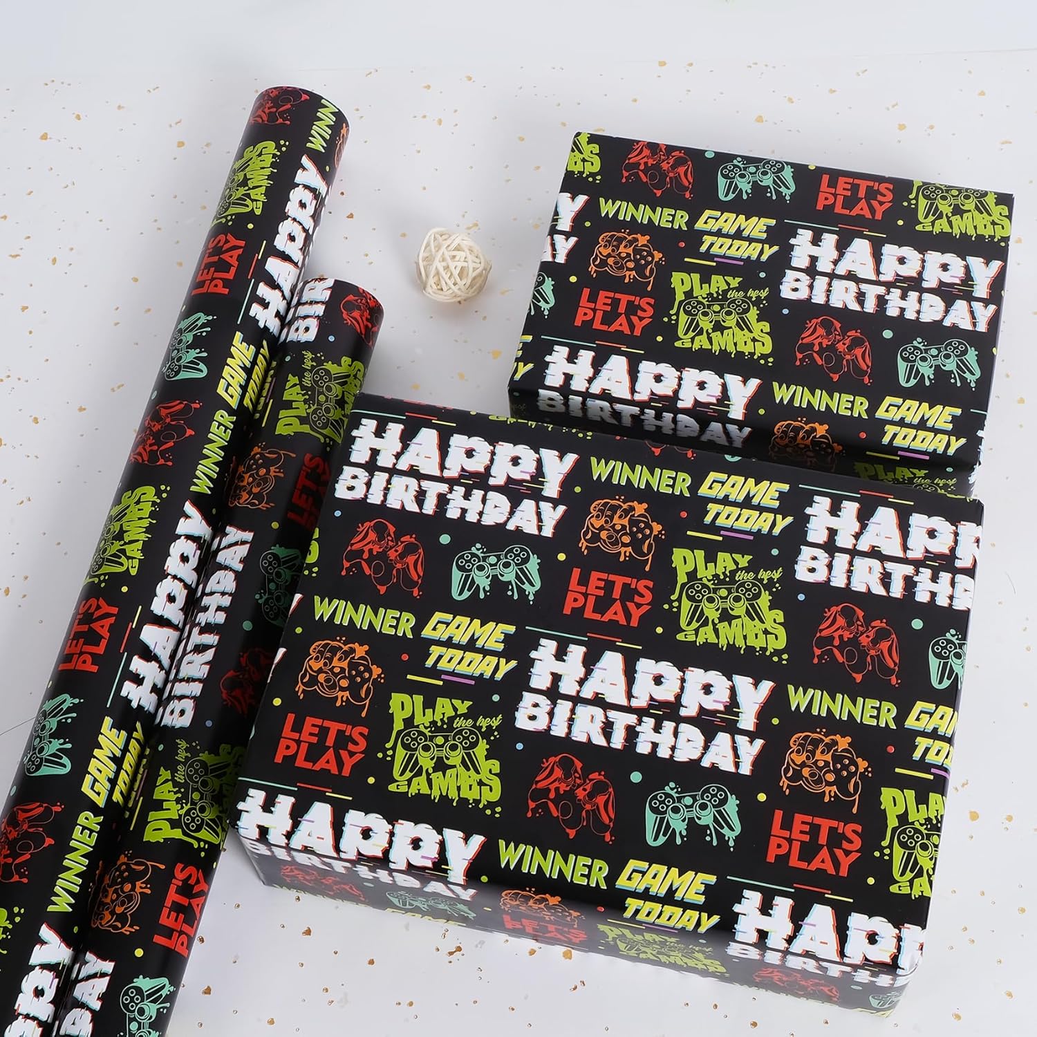 Gaming Birthday Wrapping Paper Roll - 17 Inch X 32.8 Feet - Black Happy Birthday Video Game Pattern Gift Wrap Paper For Boys Party, Baby Shower, Holiday