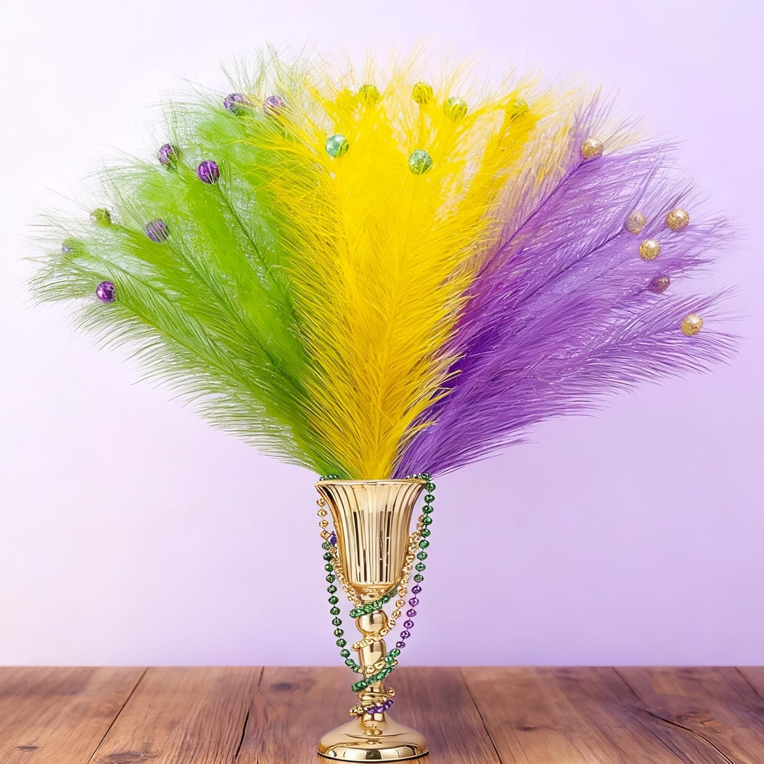 30 Pcs Mardi Gras Artificial Feathers Stems With Glitter Berry, Purple Gold Green Feather Picks Vase Fillers, Mardi Gras Feather Branches Sprays Ornaments For Carnival Party Table Centerpiece Decor