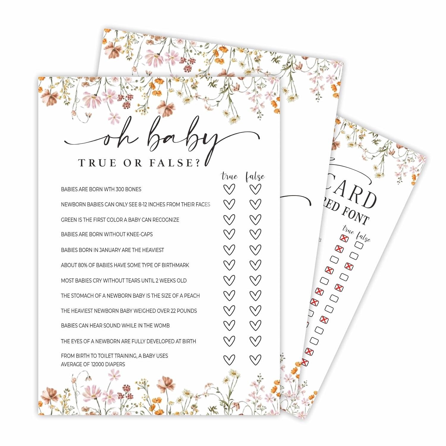 Baby Shower Game Cards,30 Double-Sided Game Cards & 1 Answer Cards, Baby Announcement, Oh Baby! Ture Or False Game Cards, Spring Flower, Gender Reveal Party Favor, Activity - C07
