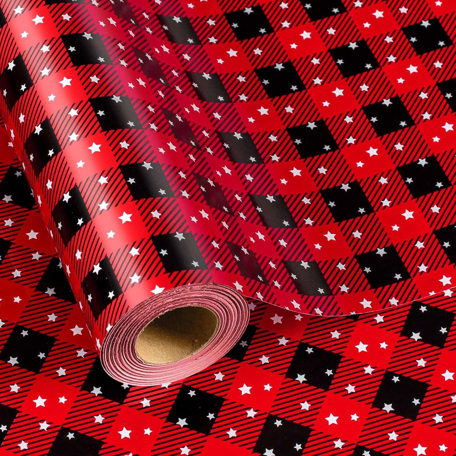 Wrapping Paper Roll 17In* 32.8 Feet Red And Black Plaid With White Star For Christmas,Birthday,Party,Holiday,Vintage Wrapping Paper For All Occassions (Ttl:46.8Sqft)