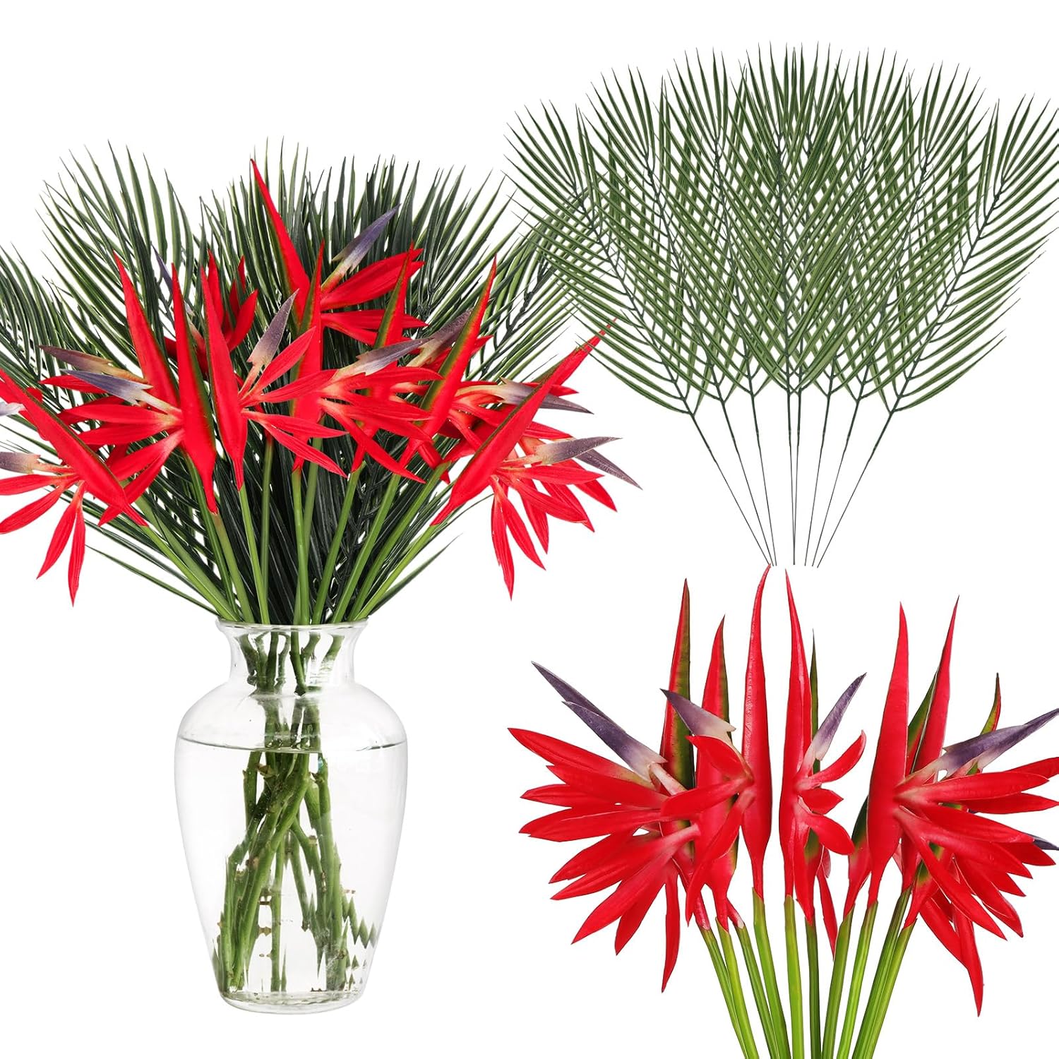 28 Pcs Bird Of Paradise Stems Artificial Plant 22 Inch Faux Tropical Flowers And 19.7 Inch Fake Palm Leaves For Garden Verandah Wedding Floral Arrangement Hawaiian Luau Decorations