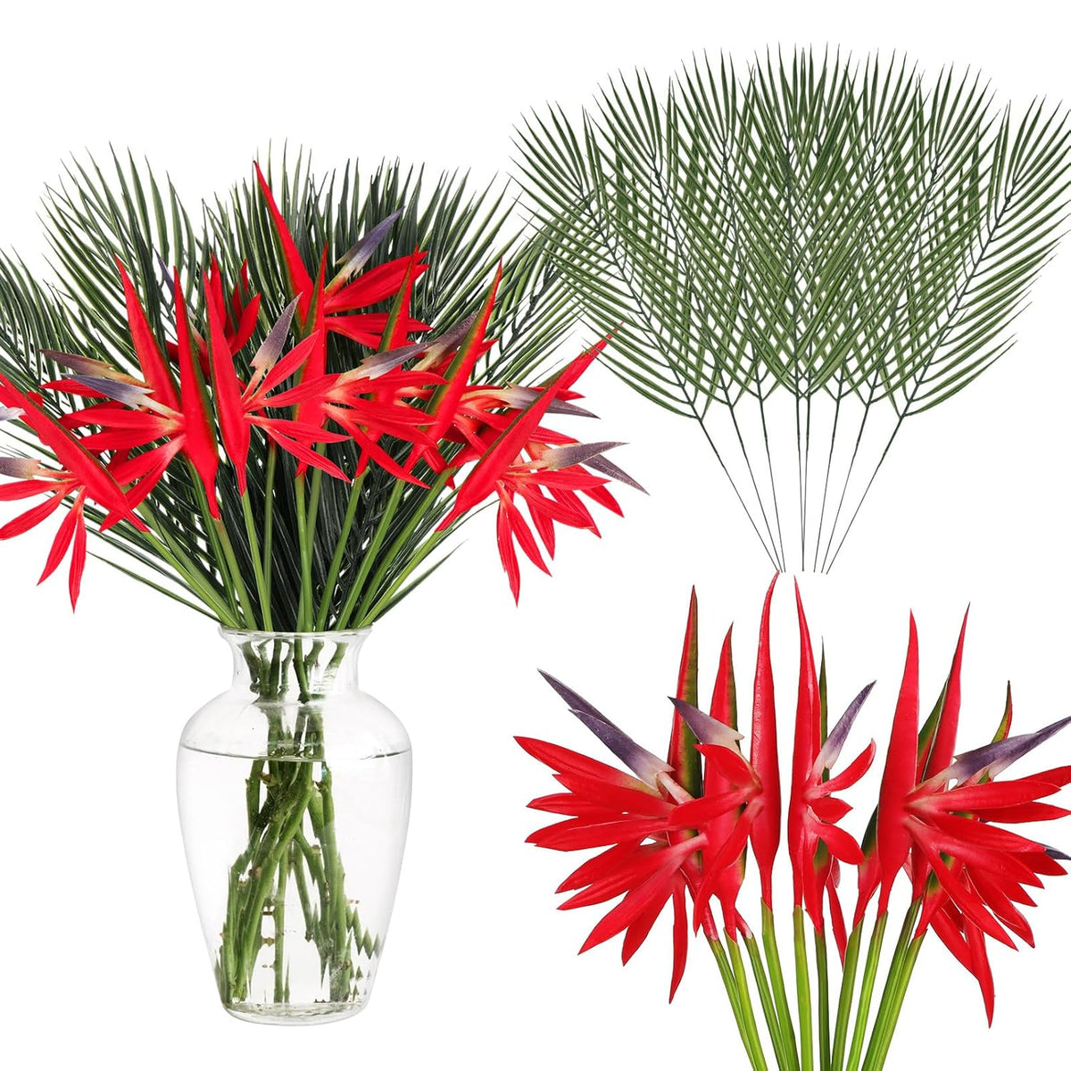28 Pcs Bird Of Paradise Stems Artificial Plant 22 Inch Faux Tropical Flowers And 19.7 Inch Fake Palm Leaves For Garden Verandah Wedding Floral Arrangement Hawaiian Luau Decorations