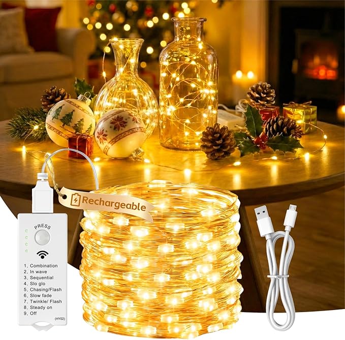 16FT Rechargeable Fairy Lights 50 LED Warm White 8 Modes Battery Operated String Lights