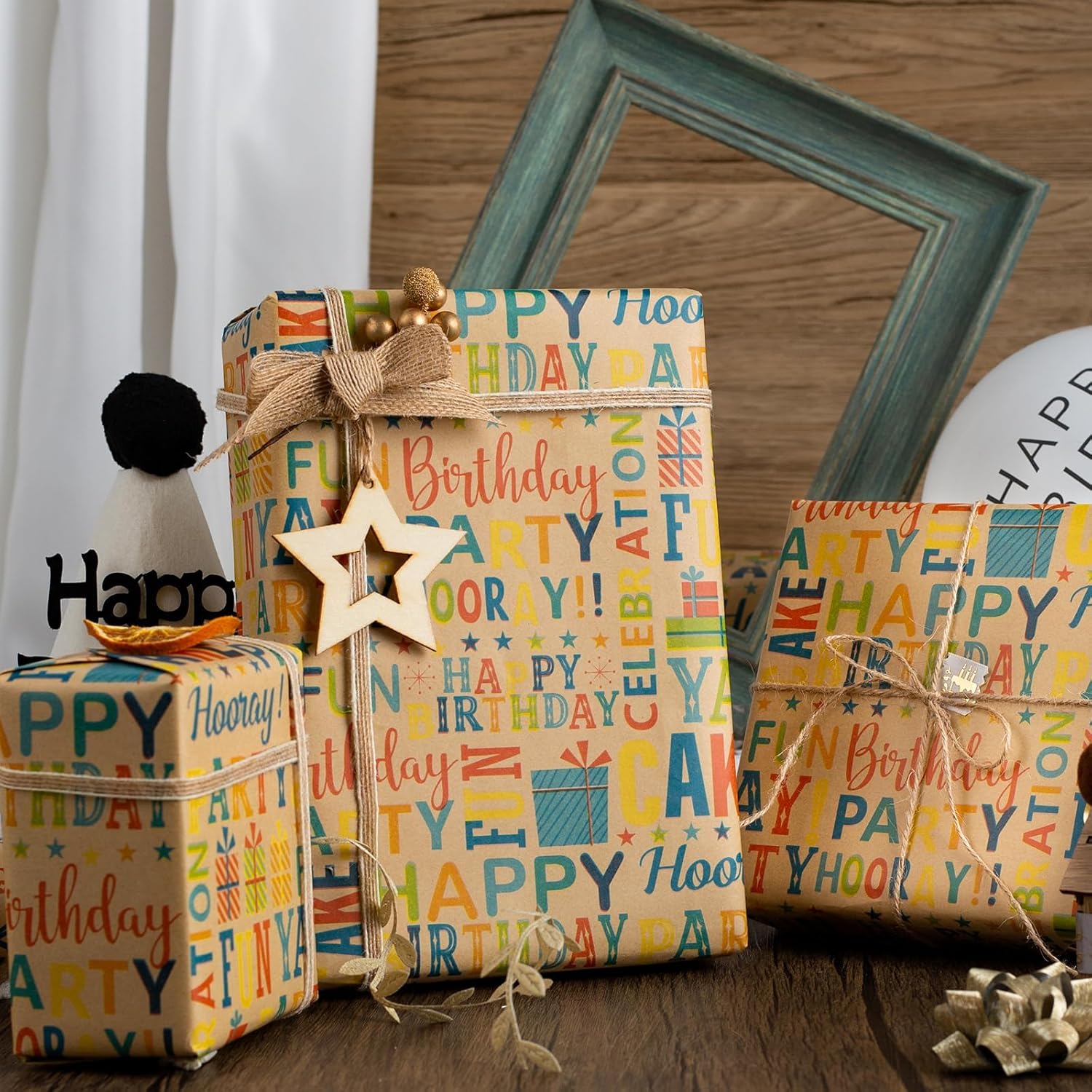 Kraft Birthday Wrapping Paper For Boys & Girls - Colorful Happy Birthday Pattern - Great For Parties & Baby Showers - Mini Roll - 17 Inches X 33 Feet