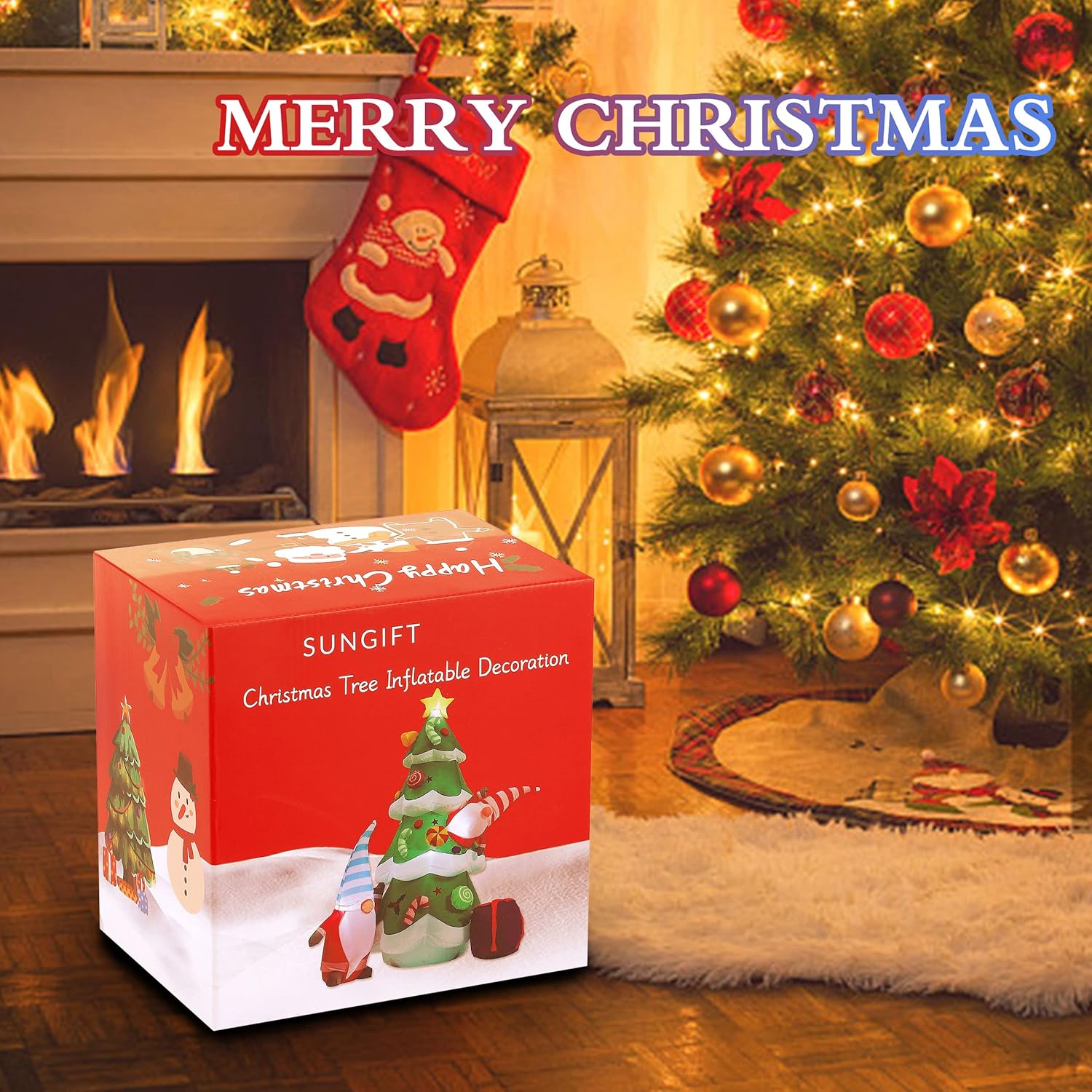 Christmas Inflatable Tree, 7 Ft Giant Lighted Christmas Blow Up Santa Claus With Gift Box For Indoor Outdoor Yard Garden