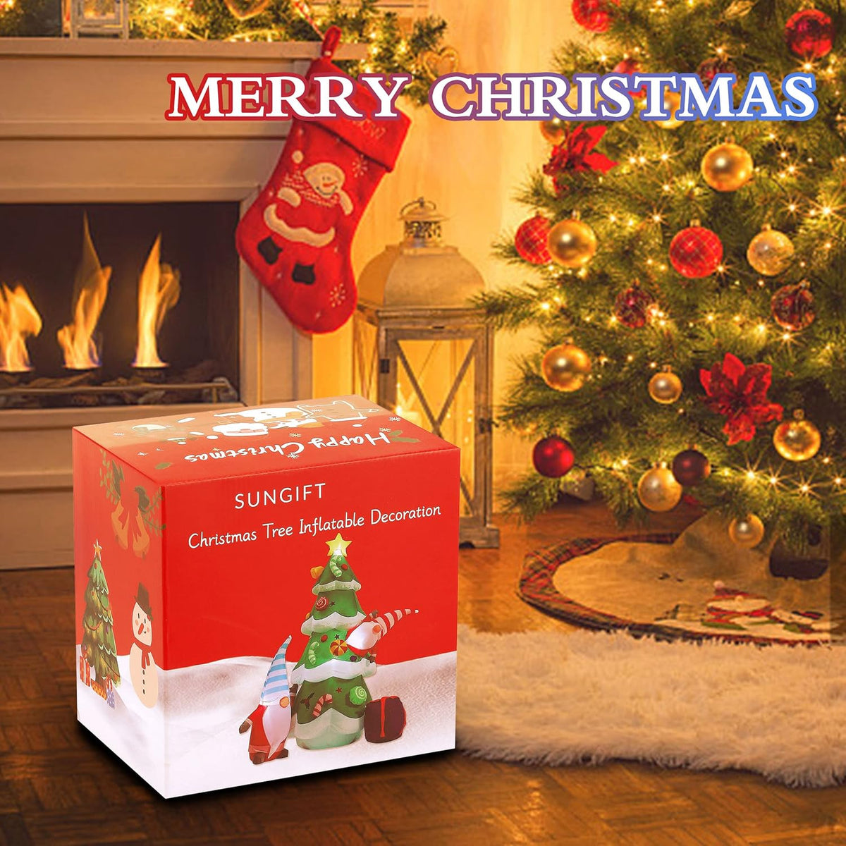 Christmas Inflatable Tree, 7 Ft Giant Lighted Christmas Blow Up Santa Claus With Gift Box For Indoor Outdoor Yard Garden
