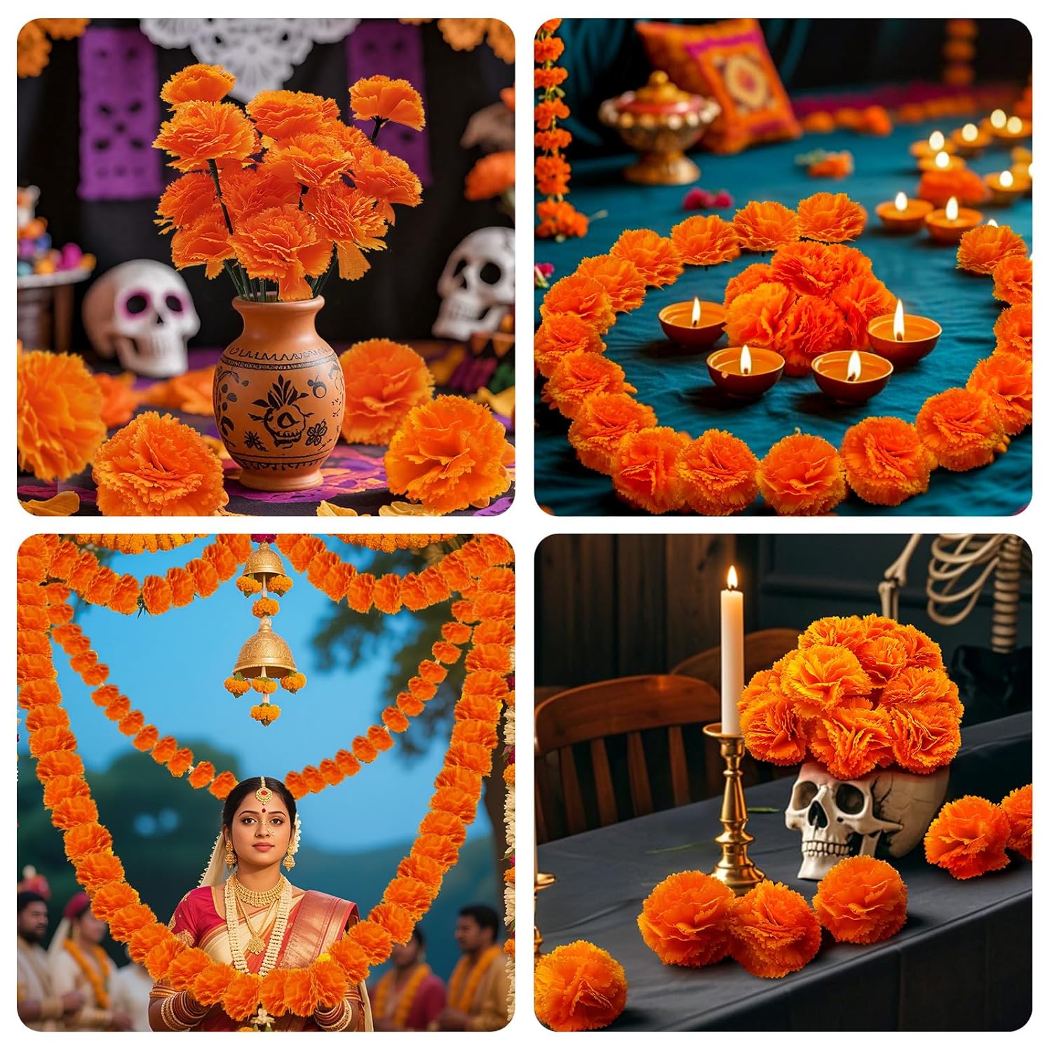 Marigold Flowers Artificial - 80 Premium Silk Flower Heads With 30 Stems For Diwali Decor, Day Of The Dead Altar, Handmade Garland Making (2" Blooms, Reusable) (Orange 80)