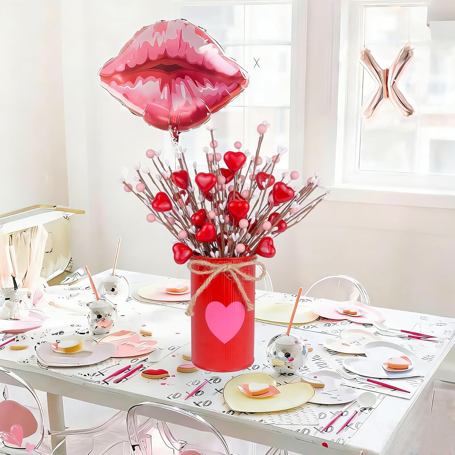 Cute Valentines Day Decorations, Artificial Red Heart Shaped Berry Stems With Metal Pot, Valentines Decor For Home School Office, Romantic Valentine'S Day Floral Picks For Party Anniversary